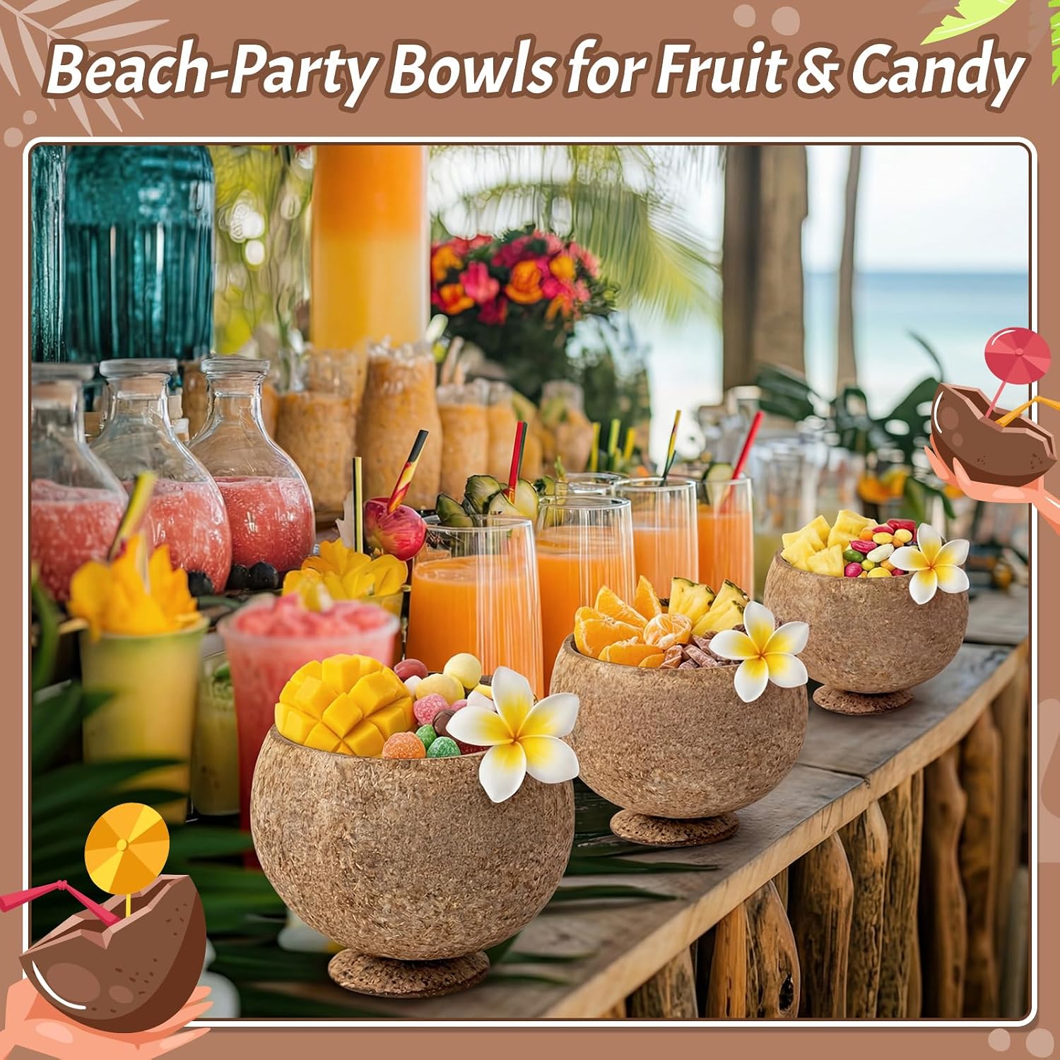 Hushee 12 Pcs Natural Coconut Shell Cups for Party Real Coconut Bowls for Hawaiian Luau Party Supplies, Tropical Tiki Decorations & Candy Buffet Favor Holders