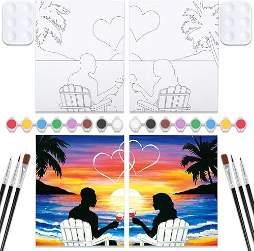 Vista 21 de VOCHIC Kit de pintura para sorbos y pinturas, lienzo predibujado para parejas, kit de pintura para fiestas, juego de pintura con lienzo de contorno