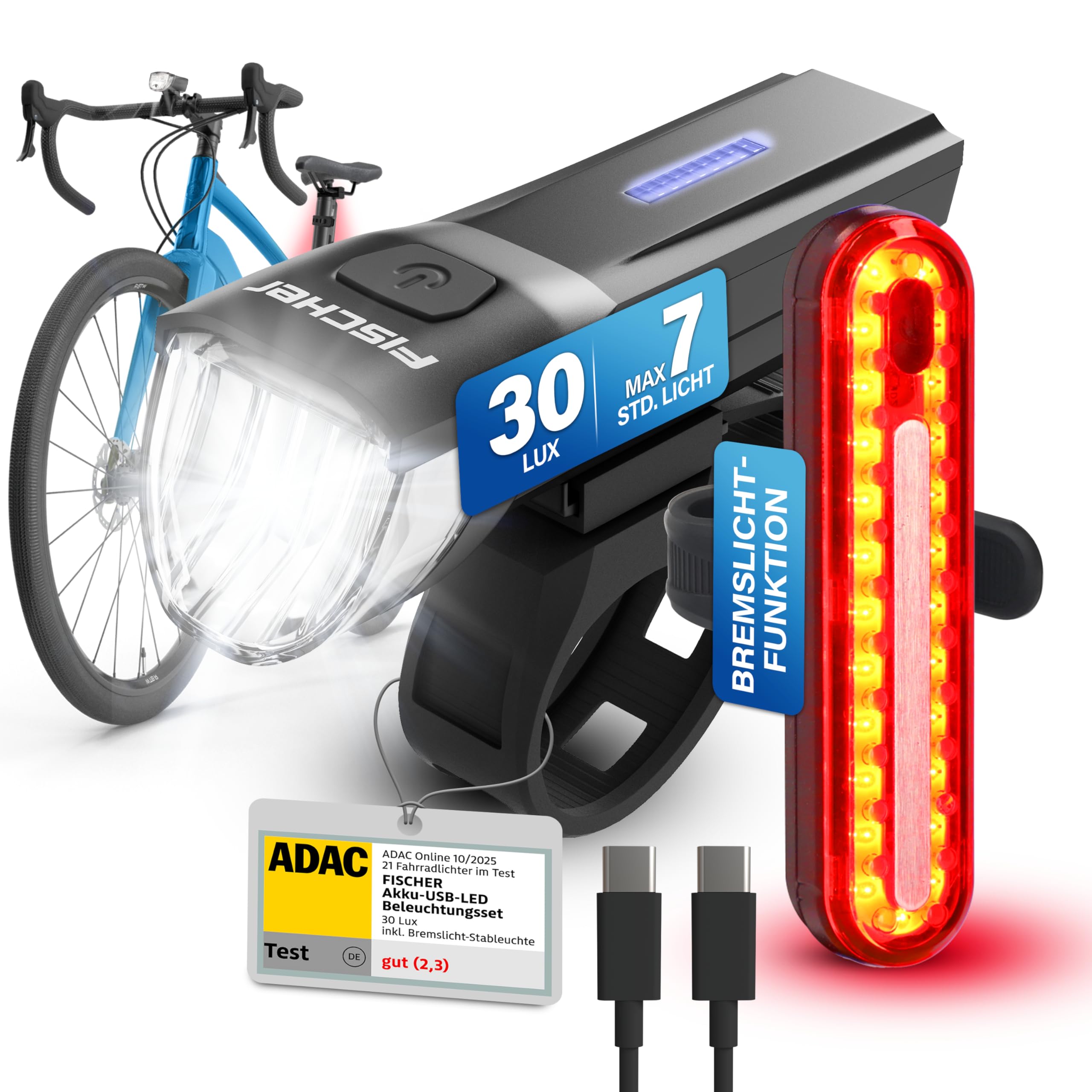 FISCHER Zestaw oświetlenia rowerowego Stop 30/15 Lux ze światłem hamowania, przednie i tylne światło, z akumulatorem i funkcją ładowania USB, 2 funkcje świecenia, ochrona przed pryskającą wodą zgodnie