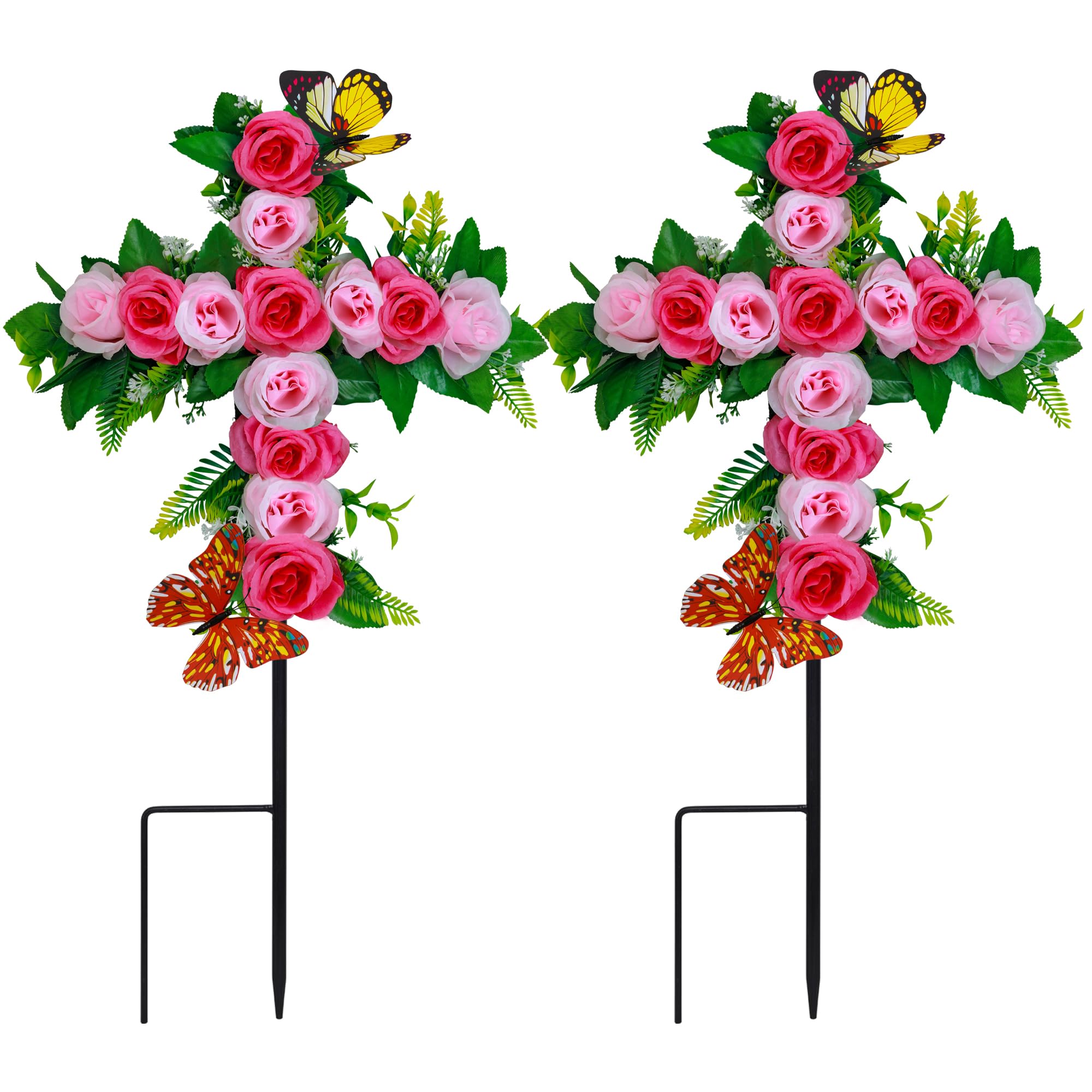 Photo 1 of 2 Sets Artificial Cemetery Flowers,Outdoor Grave Decorations Roses,Grave Flowers,Graveyard Cross Stake for Grave Decoration (2, Red Rose)