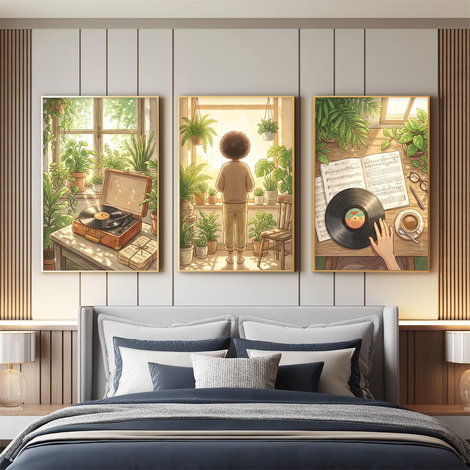 Générique Impression sur Toile Tableaux Decoratifs Muraux Déco Dessin Animé 50 x 70 cm Decoration Murale Peinture, Botanique Musique Tourne-Disque Vinyle, Pour Chambre Maison