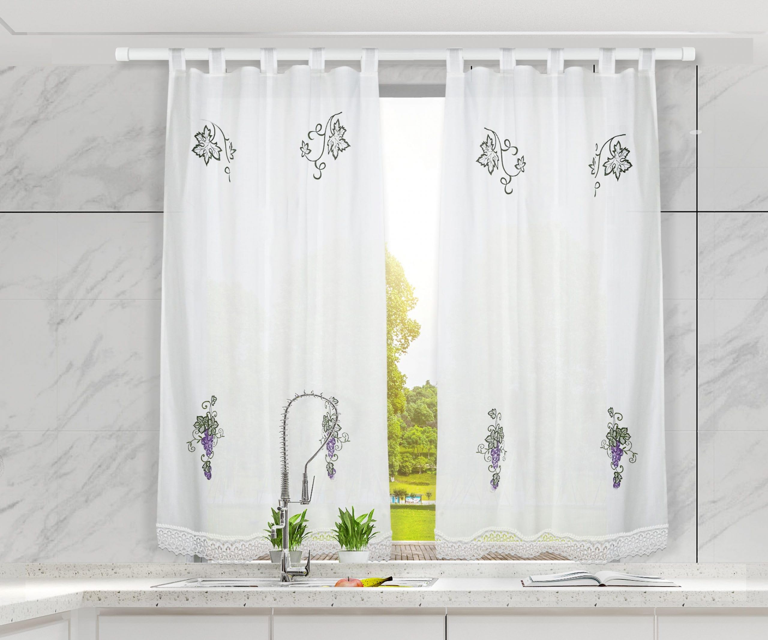 HOMEYA - Cortina Cocina Translúcida 150x150cm - Cortina con Bordados de Uvas,para Cocina,Comedor, Marco de Puerta - 1 Unidad Color Blanco,100% Poliester