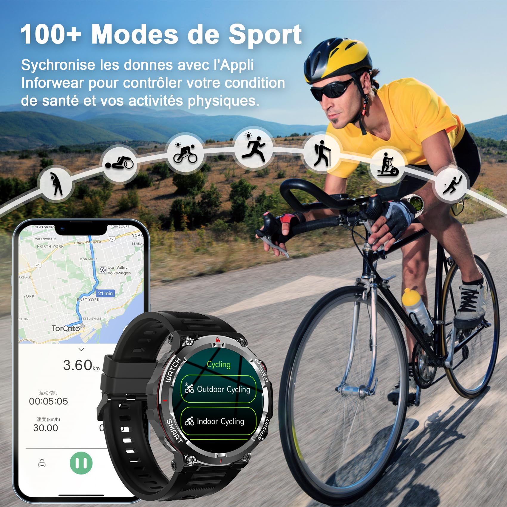 IOWODO Montre Connectée Homme avec Appel Bluetooth, Montre Appel, Écran 1.39" TFT, Moniteur Cardiofréquence/SPO2, Analyse Sommeil, 100 Modes de Sport,pour Android/iOS (Noir)