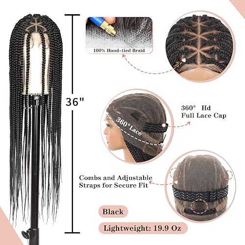 Miniatura 2 de Lexqui Pelucas trenzadas de encaje completo HD de 36 pulgadas para mujer, peluca trenzada de caja con abuelitos, cabello humano mezclado con