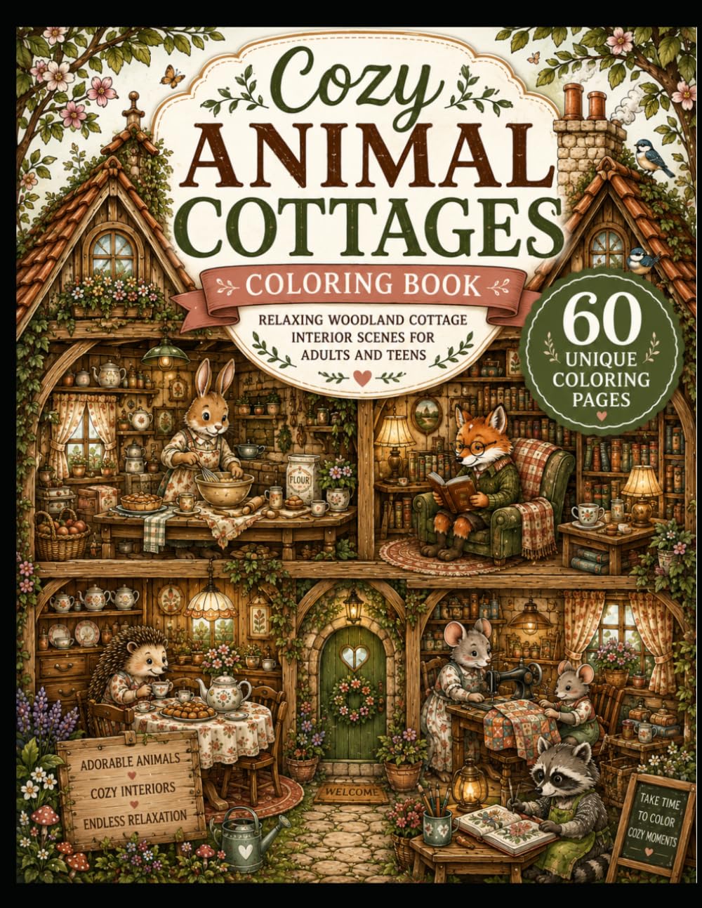 Cozy Animal Cottages Coloring Book: Relaxing Woodland Cottage Interior Scenes for Adults and Teens (Mandala Escape Coloring Series)