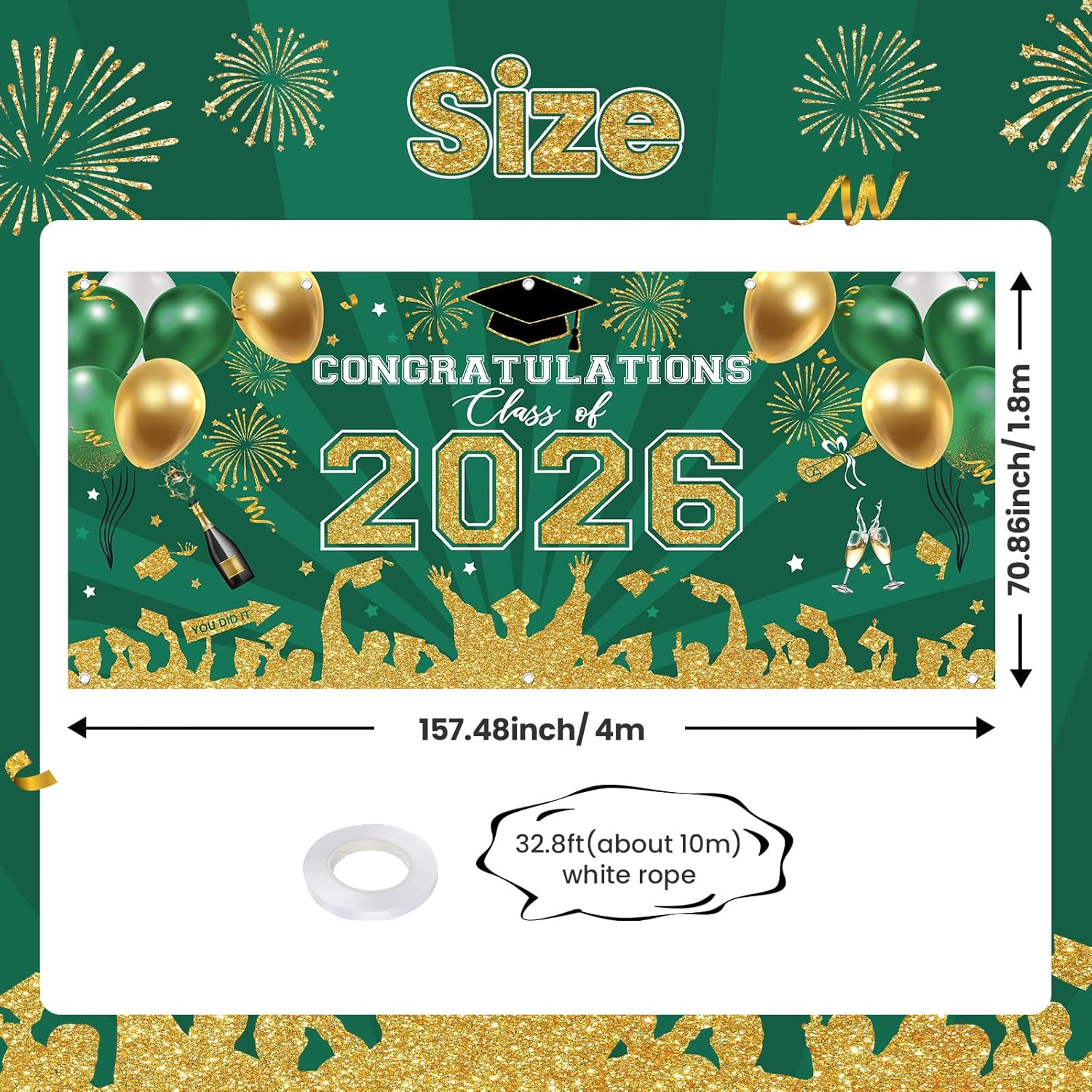 Avezano 2026 Graduation Garage Door Banner Congratulations Class of 2026 Garage Door Cover Backdrop Green Gold Congrats Grad Party Decoration Background 6 x 13 ft