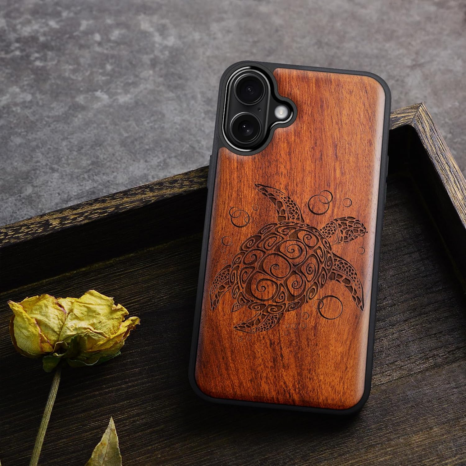 Carveit Magnetic Wooden Case for iPhone 17 Case, Wood Artisan Engraved & Black Soft TPU Shockproof Cover, Compatible with MagSafe Wireless Chargers (The Maori Turtle) Rosy