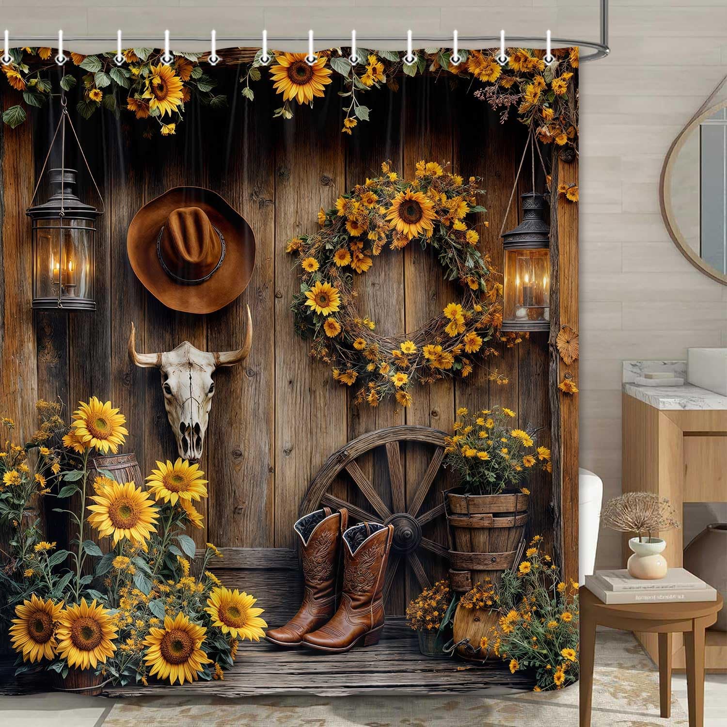 Western Cowboy Shower Curtain, Rustic Farmhouse Cow Skull Barn Door Country Wood Southwest Boots Sunflower Floral Bathroom Curtain, Waterproof Fabric Bath Bathroom Curtains Set with Hooks 72X84Inch