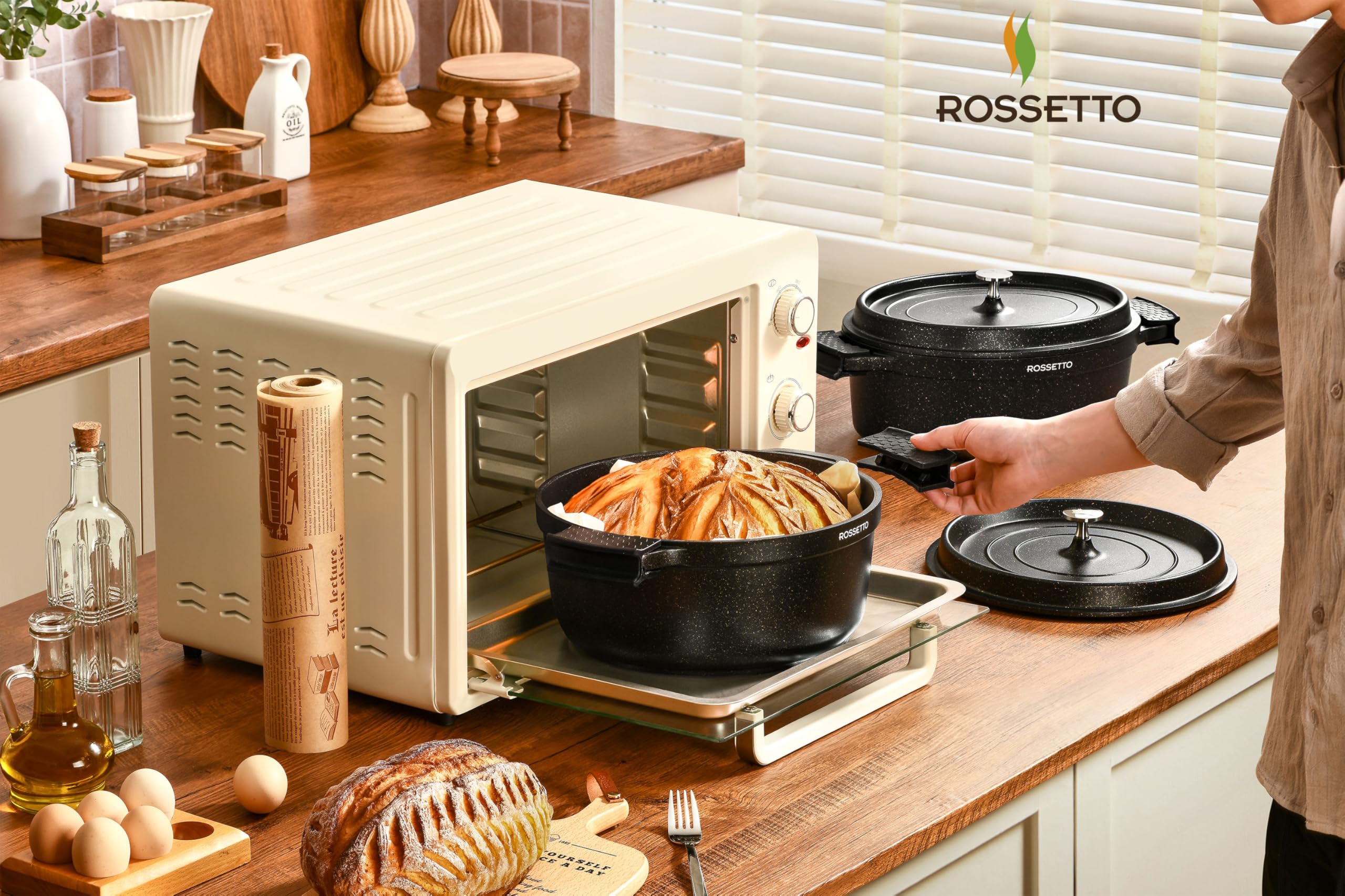 ROSSETTO 6,3L Casseruola ovale in alluminio pressofuso, rivestimento antiaderente in ceramica. Coperchio con gommini sapori. Adatto a tutti i piani cottura, tra cui induzione e forno fino a 230 ℃, 31