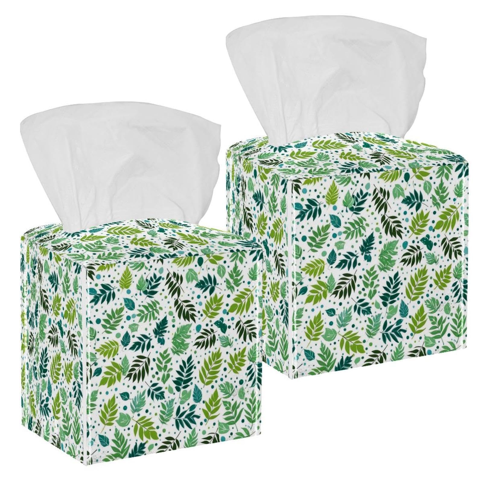 Aesthetic Leaves Tissue Box Cover, 2 Pack PU Leather Square Facial Tissue Dispenser Box holder for Home Office Car