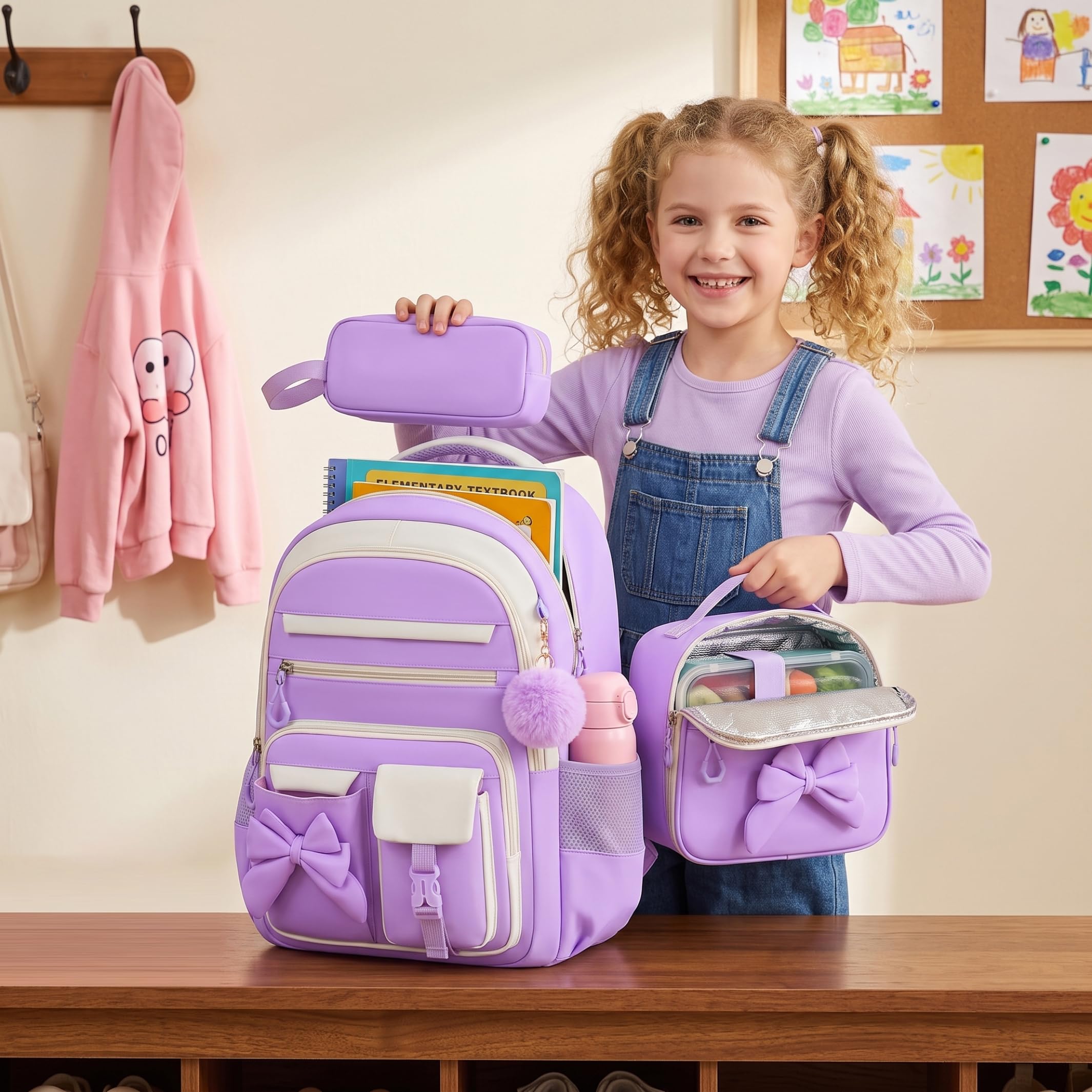 Mochila con lazo para niñas, mochila para niñas de 3 piezas para la escuela con bolsa de almuerzo, estuche para lápices, linda para niños y adolescentes, apta para jardín de infantes, prim