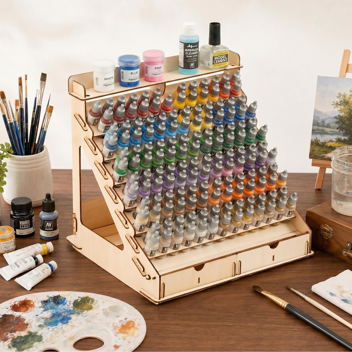 Colingmill Wooden Paint Organizer Storage Rack, 149 Bottle Holes for 17 ml Dropper Bottles, 14 Paintbrush Slots, 6 Miniature Stands - Art Tool Storage Rack for Hobby Artists