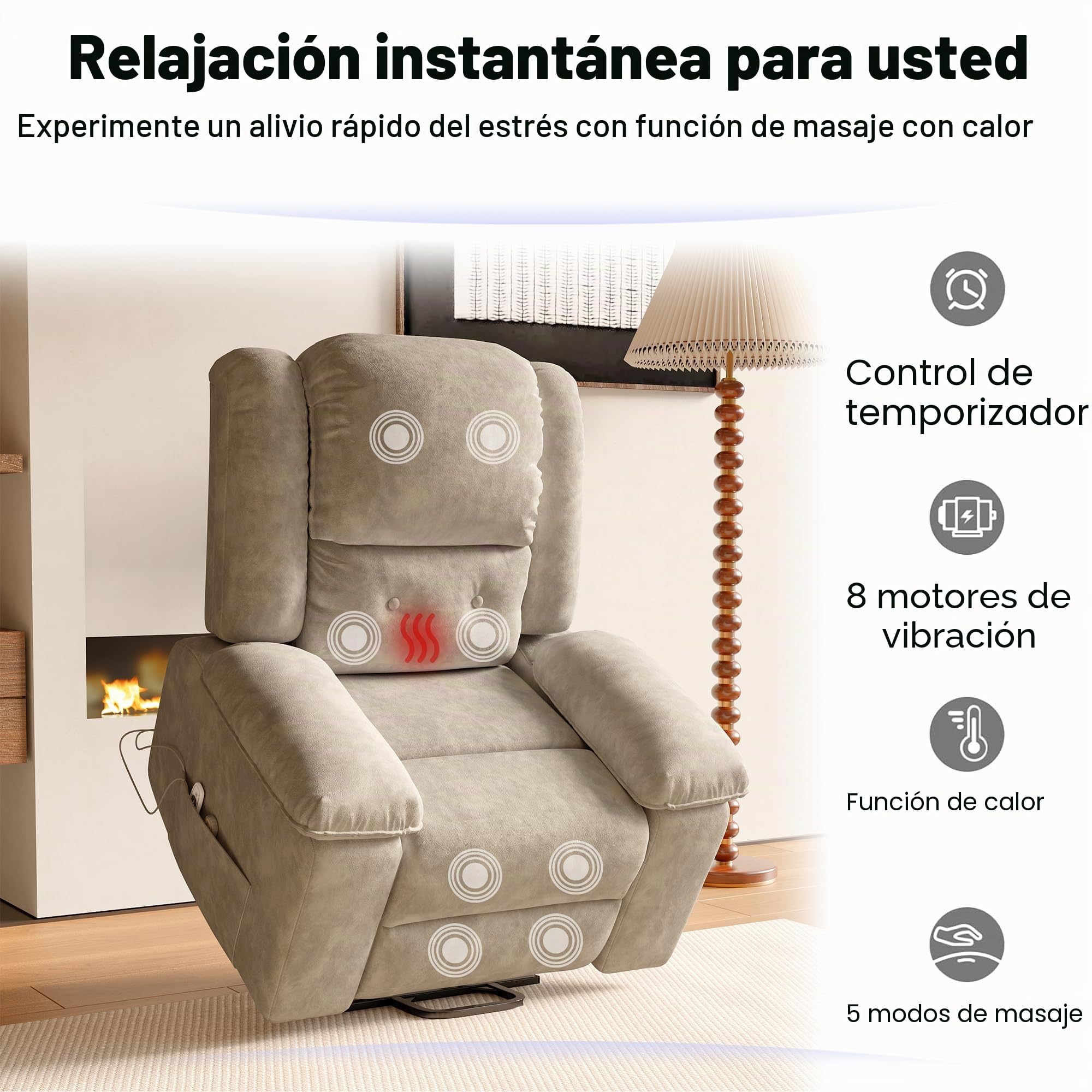 Sillón Relax Reclinable, Silla con Respaldo Reposabrazos, Sillón de TV con Reposapiés, Respaldo Alto, Stand-up Aid, eléctricamente Ajustable, función de calefacción y Masaje, Beige+Gris