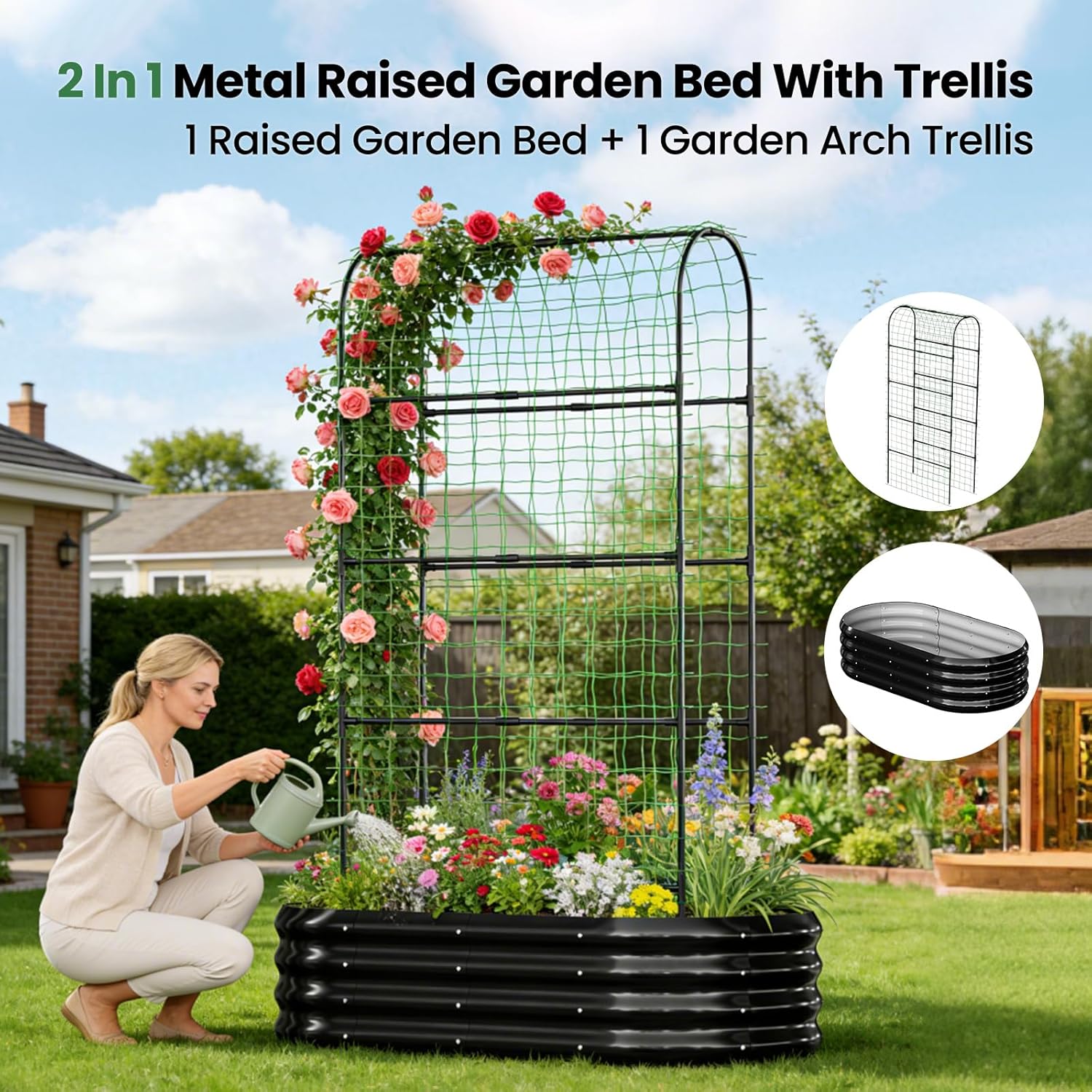 2 in 1 Galvanized Raised Garden Bed with 71" H Arch Trellis for Climbing Plants, Outdoor Gardening Planter Box with Climbing Net for Flowers Vegetables Fruits Herbs, Black
