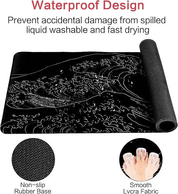 Sea Wave Oyun Mouse Pad, Anime Oyun Fare Altlığı, Genişletilmiş Kanagawa Mat Masa Örtüsü, Büyük Masa Altlığı 31,5 x 11,8 inç 3 mm Kalın Uzun Kaymaz Kauçuk Tabanlı Fare Altlığı (Siyah)