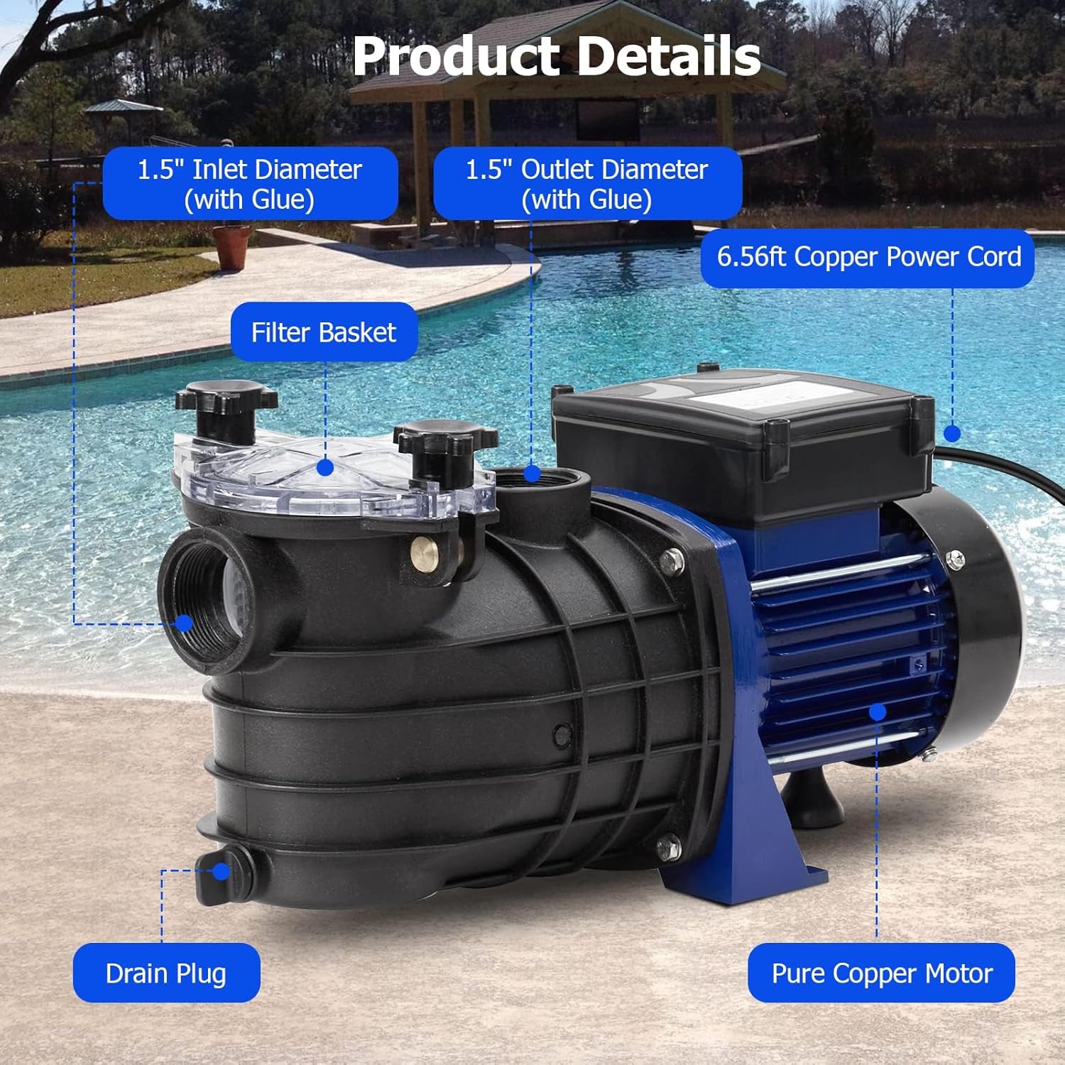3/4HP Pool Pump for Above Ground and Inground Pool, Low Noise Swimming Pool Pump with 2641GPH & 36Ft Max Suction Height, 550W Utility Pump with Strainer Basket, for Garden, Pool, Irrigation