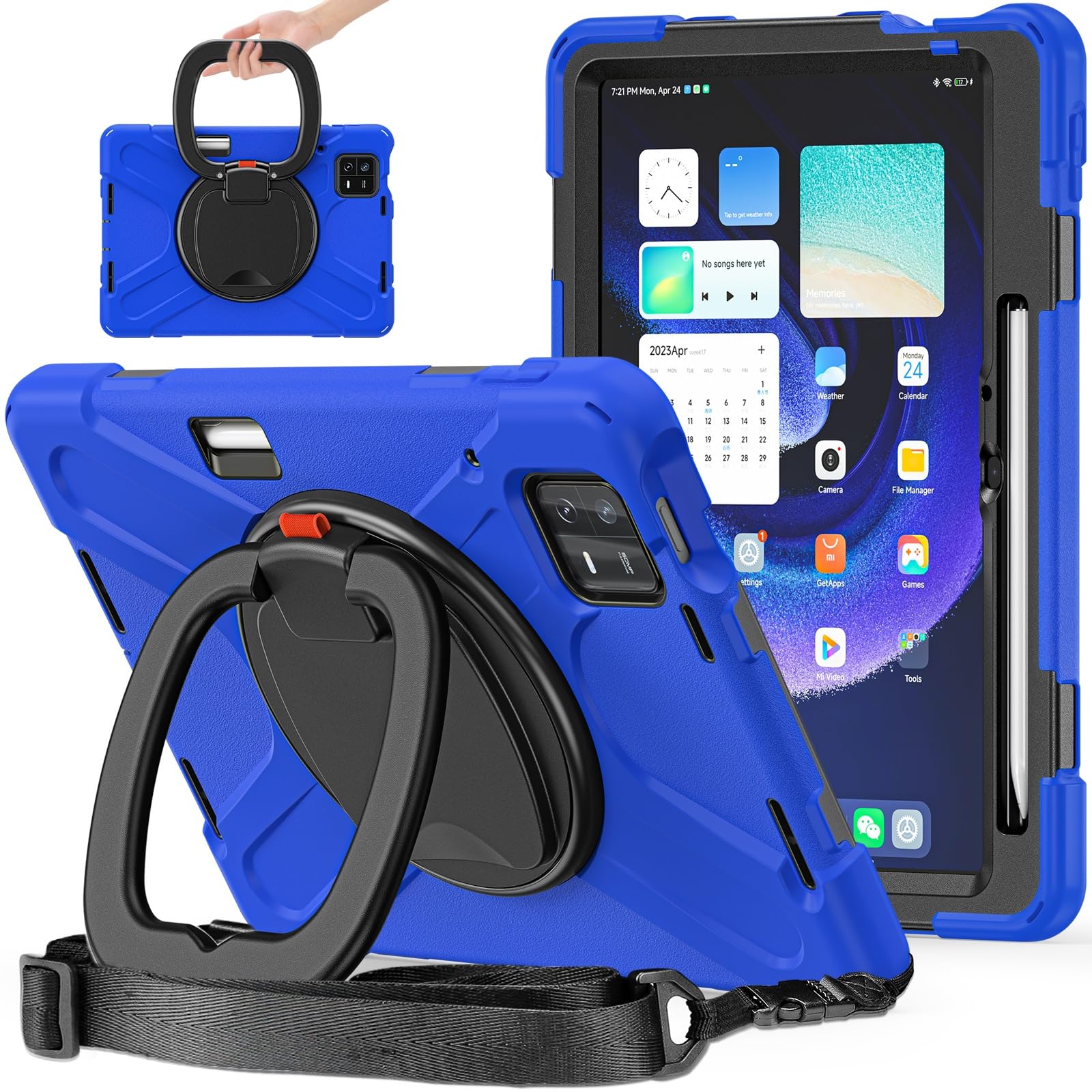 Coque Compatible avec Xiaomi Pad 6/Pad 6 Pro 11 Pouces (Version 2023), Coque Robuste en TPU Antichoc for Enfants, Support Multifonction Rotatif à 360 degrés et bandoulière(Blu)