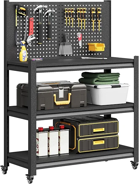 TOPASS Workbench with Pegboard, Adjustable Heavy Duty Work Table with Wheels, Heavy Duty Workstation, Metal Tool Work Bench for Garage Warehouse Workshop, 48" H x 18" D x 34" W, Black