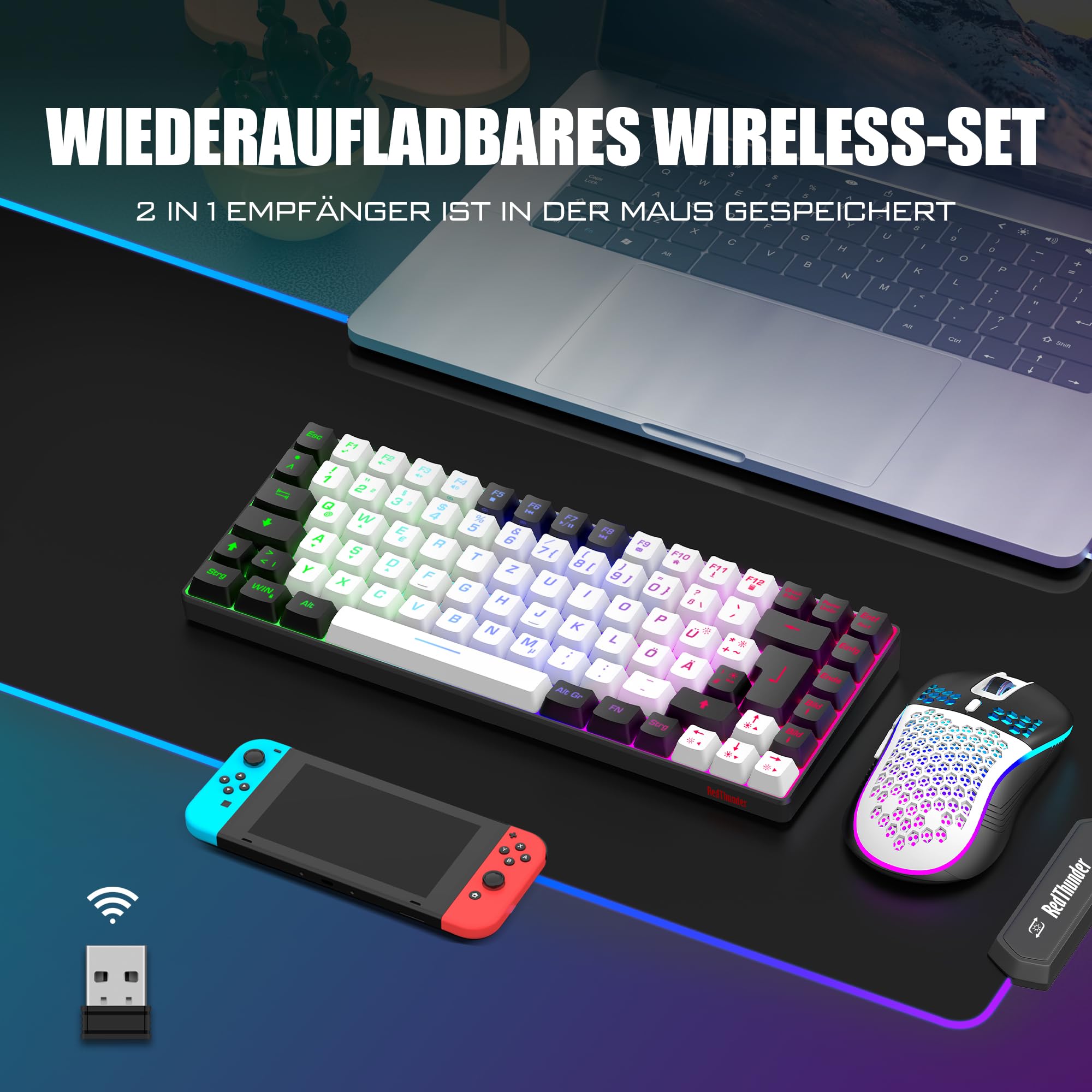 RedThunder 75% Wireless Gaming Tastiera e Mouse Set, DE TKL Layout, 85 tasti, Ricaricabile Compatto, Mouse Ultraleggero 7200DPI con Costruzione Honeycomb per PC Mac PS5 Xbox Gamer (Bianco-Nero)