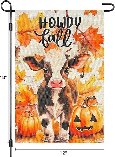 Miniatura 8 de Bandera de jardín de arpillera de vaca de Halloween, howdy otoño, de doble cara, 12 x 18 pulgadas, calabazas de doble cara, hojas de arce, banderas