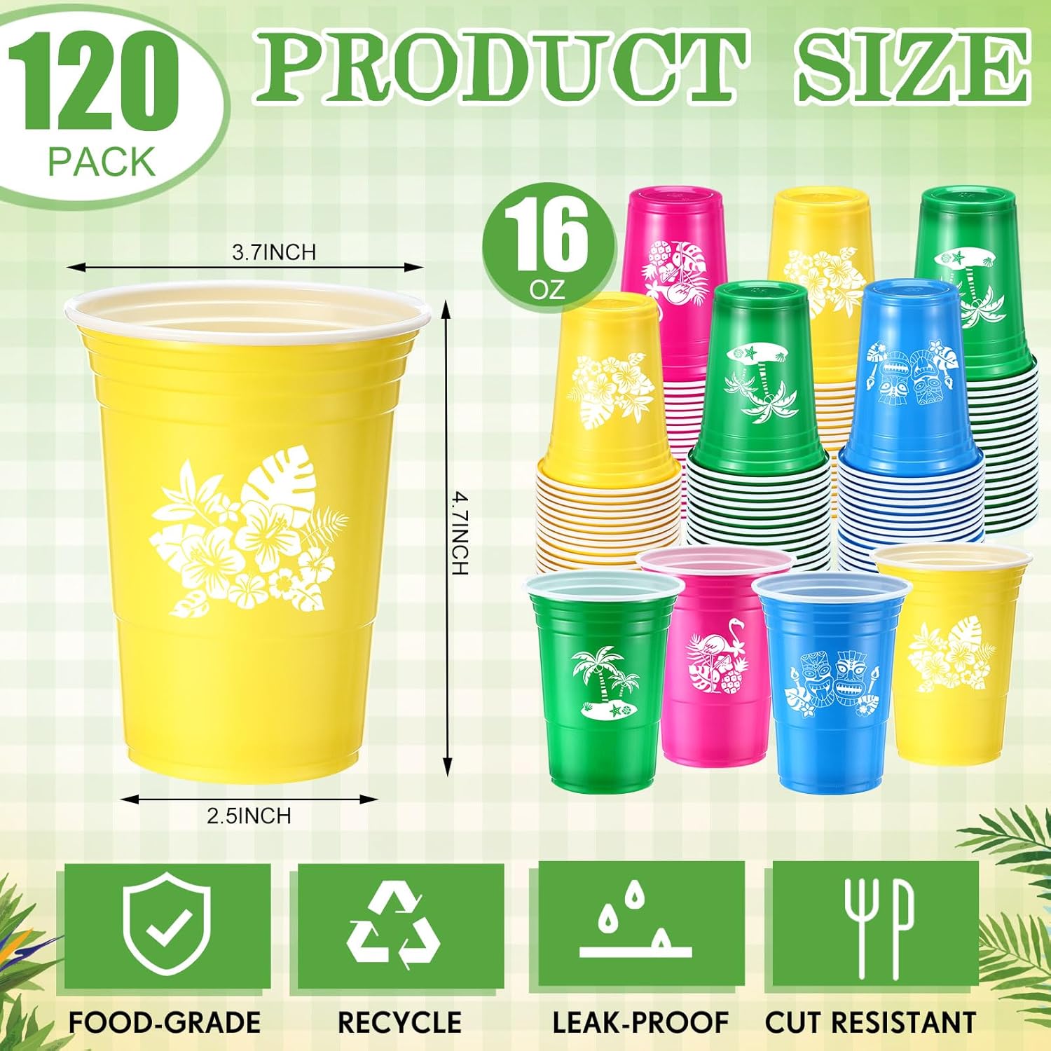 Domensi 120 Pcs Hawaiian Luau Party Plastic Cups 16 oz Summer Beach Tropical Plastic Disposable Cup Hot Cold Drink Wine Coffee for Birthday Tiki Bar Party Favors Supplies