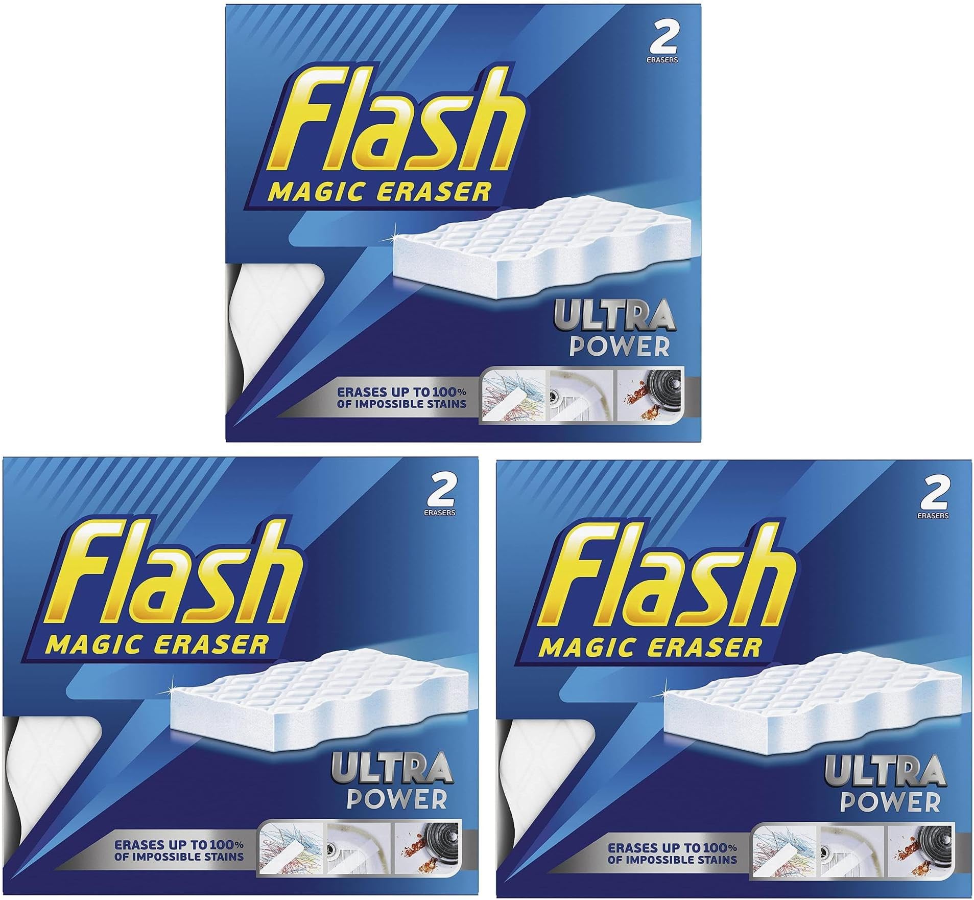 6 x Flash Magic Eraser Ultra Power -No Chemicals Needed - Removes Scuffs, Crayon, Grease and Grimes (Pack of 3)