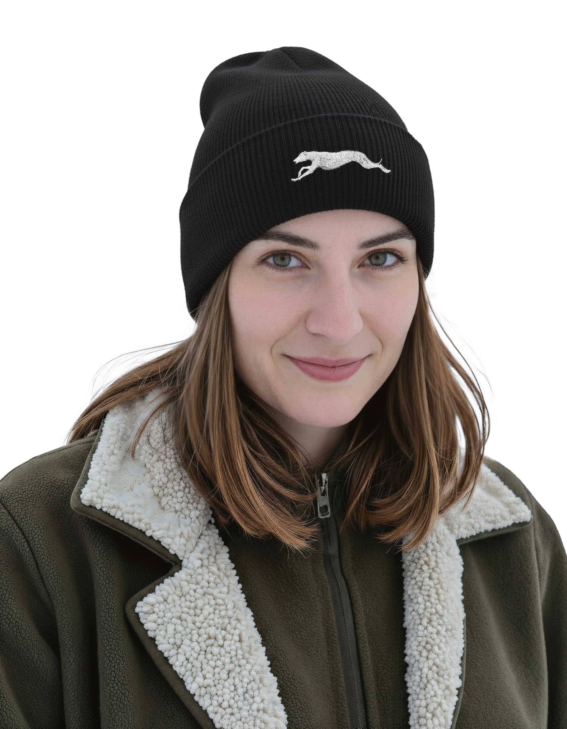The House Of Dog Greyhound Lurcher Owner Gift. Classic Cuffed Unisex Beanie Ski Hat with Embroidered Design. Black