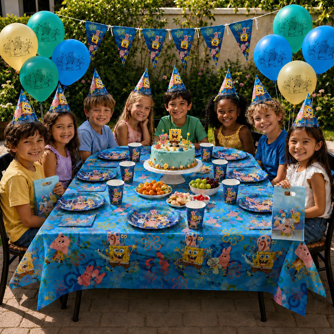 SpongeBob Compleanno, Kit Compleanno Bambini 62 Pezzi con Decorazioni Festa, Piatti, Bicchieri, Tovaglioli, Palloncini, Tovaglia, Sacchetti Regalo, Cappellini e Ghirlanda