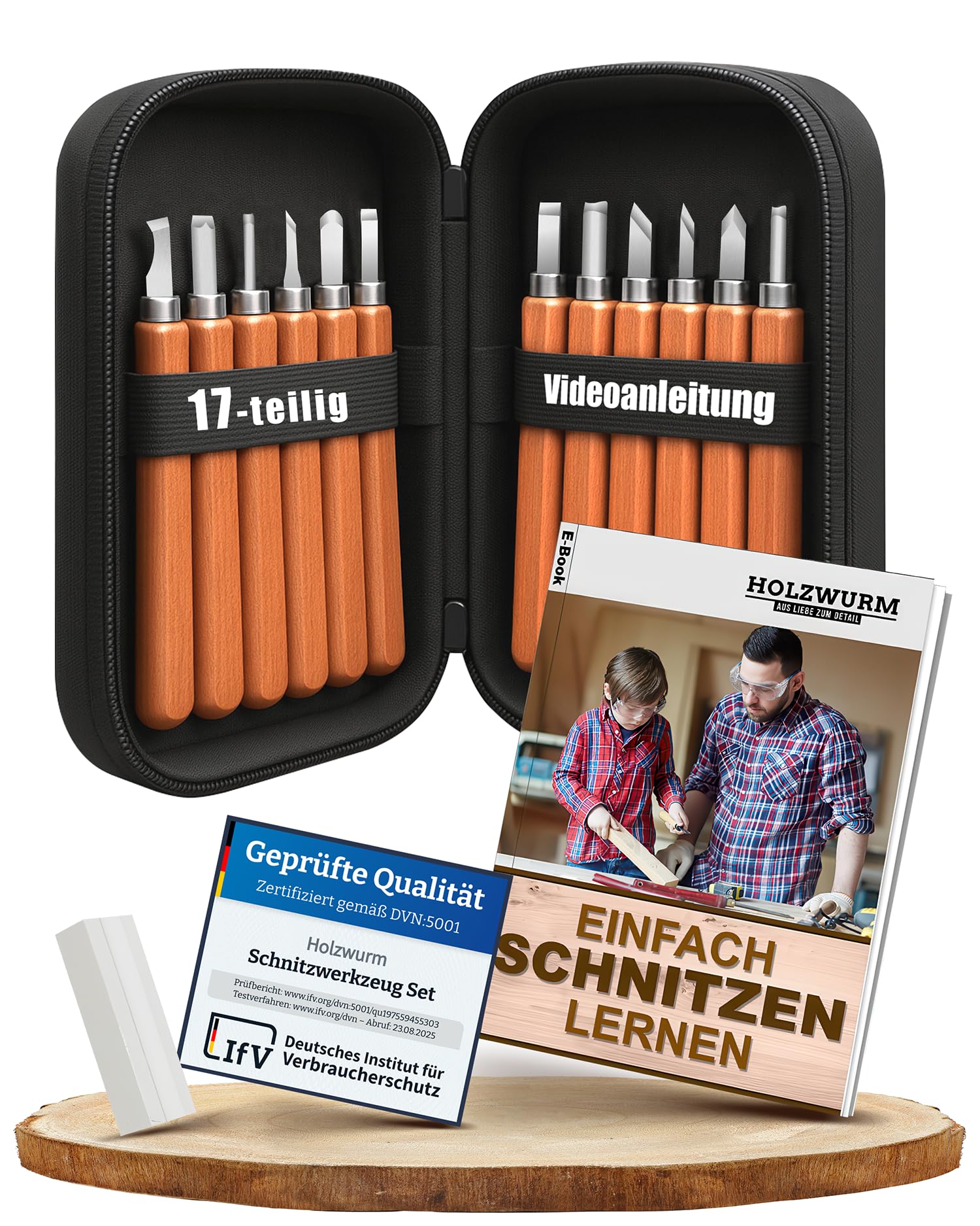 HOLZWURM Juego de herramientas de tallado de madera 12 piezas, con bolsa, instrucciones (EN) y piedra de afilar, juego de cuchillos de tallado ideal para principiantes y profesionales