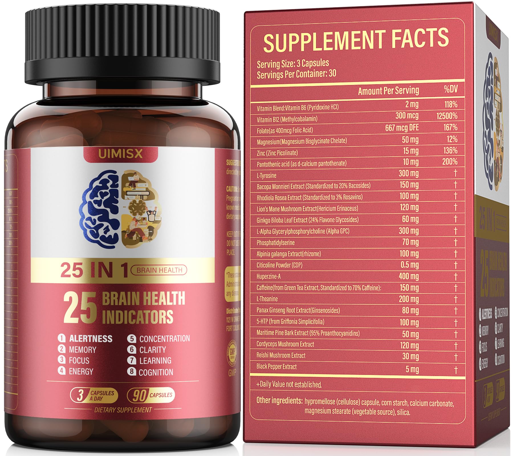 Brain Supplement for Mental Alertness Memory Focus Energy Alpha GPC Huperzine-A L-Tyrosine Phosphatidylserine Vitamins B6 B12 High Absorption