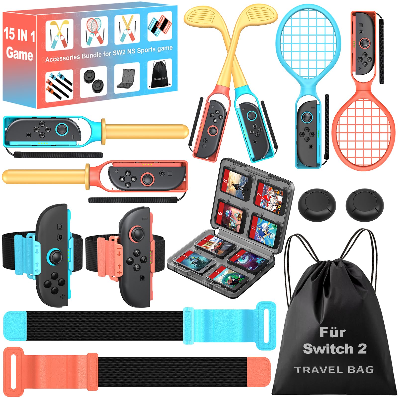 15 in 1 Switch 2 Sport Zubehör Set für Nintendo Switch 2, Familienparty Paket Sportspiele Zubehör, Aufbewahrung für Switch 2 Sport Spiel Organizer, 15 Stück(nur für Switch 2)