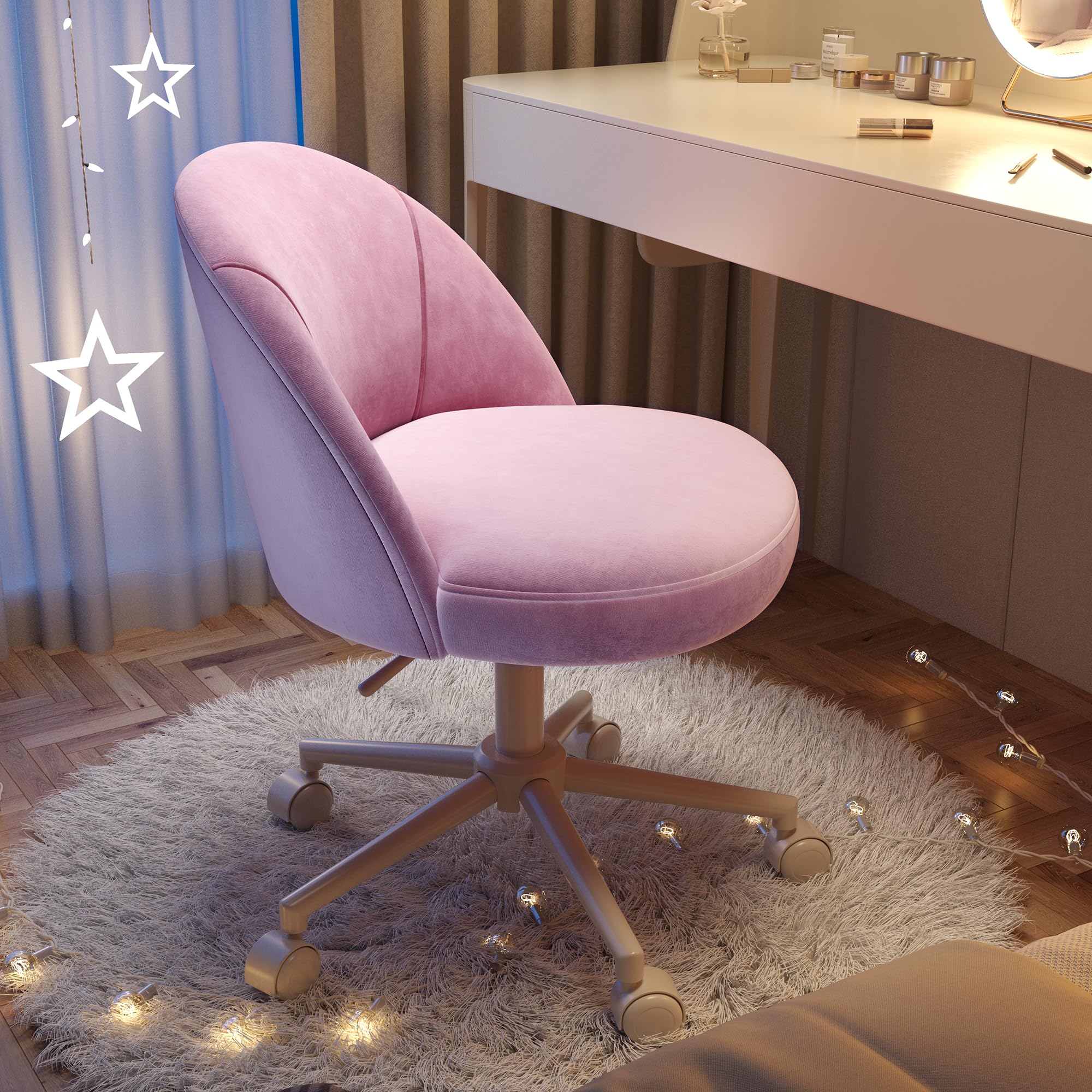 EnHomee Vanity Chair with Wheels, Comfy Office Chair with Back, Cute Desk Chair for Bedroom, Home Office, Makeup Room,Armless,Gentle Pink