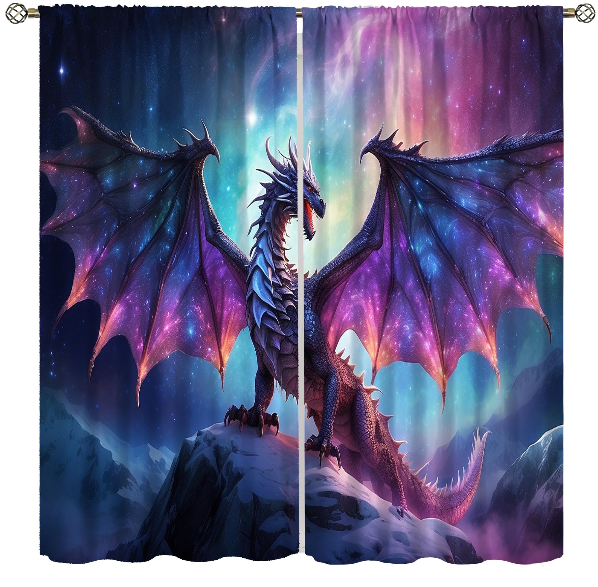 wlsgdsg Fantasy Dragon Blackout Curtains for Bedroom,Mystic Magic Star Epic Adventure Fantasy Wings Fire-Breathing Dragon Animals Dragon Window Drapes