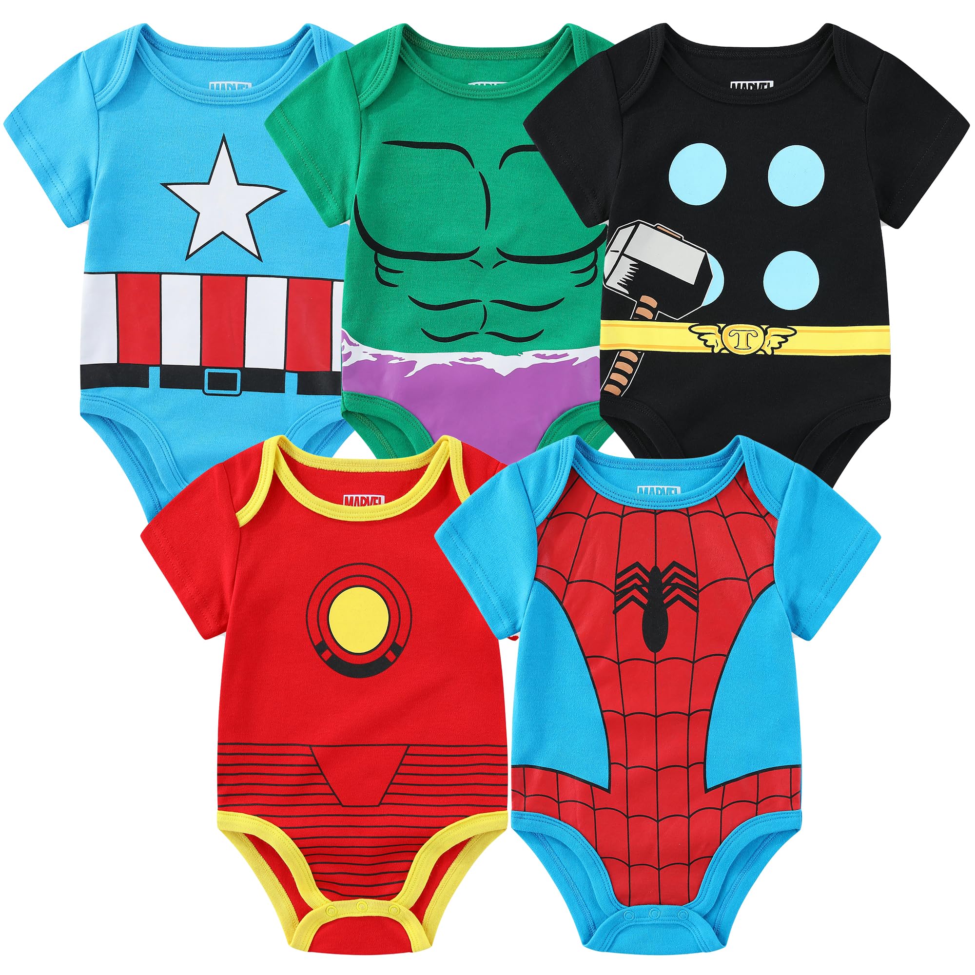Marvel Avengers Baby Boys 5 Pack Short Sleeve Bodysuit for Newborn and Infants