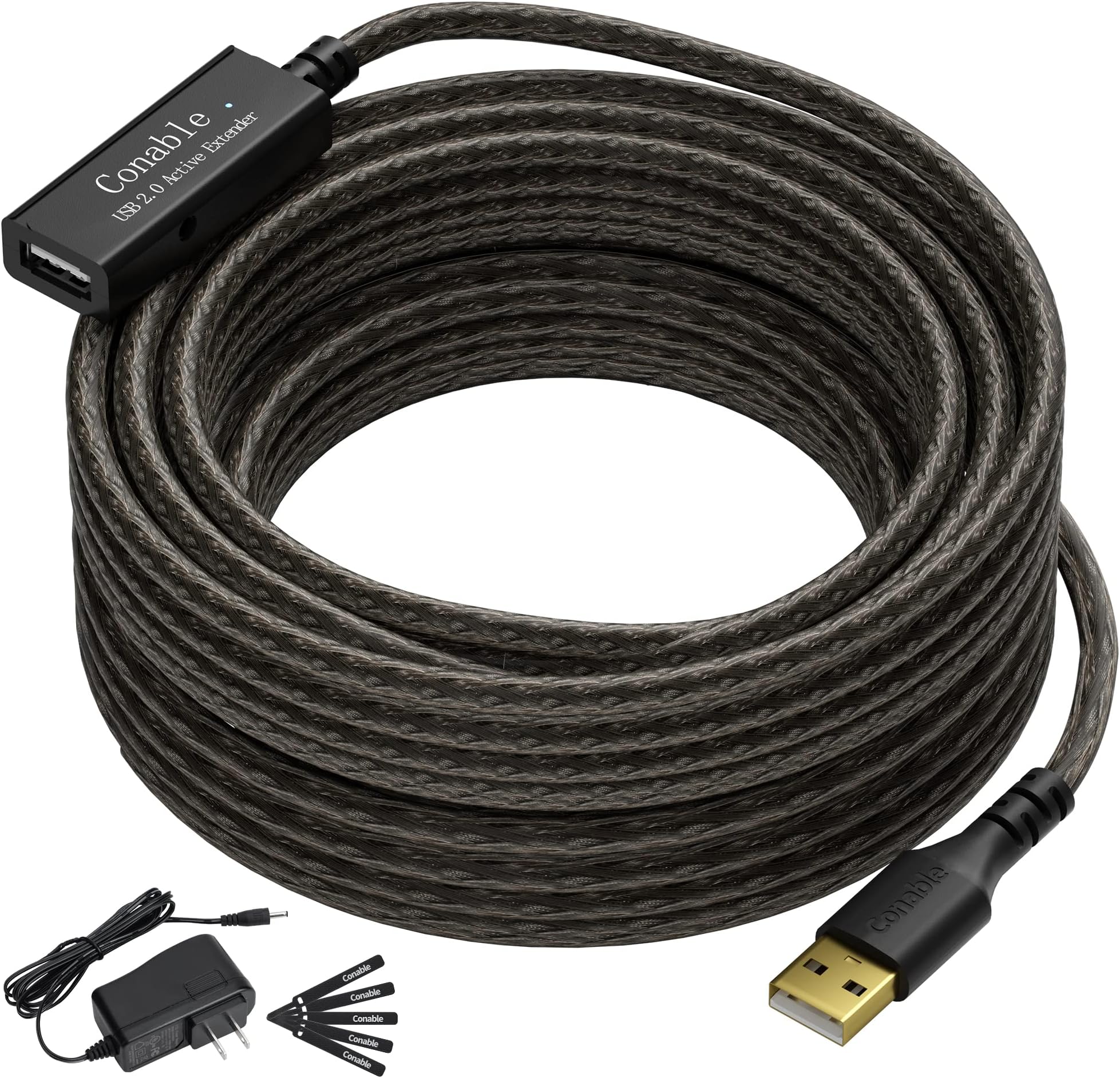 Long Active USB Extension Cable 50 Feet, 22AWG USB 2.0 Type-A Male to Female Cord with an Extension chipsets Signal Booster, Active Repeater Cable with an AC Power Supply, 5 Cable Ties- 50 ft (15.25M)
