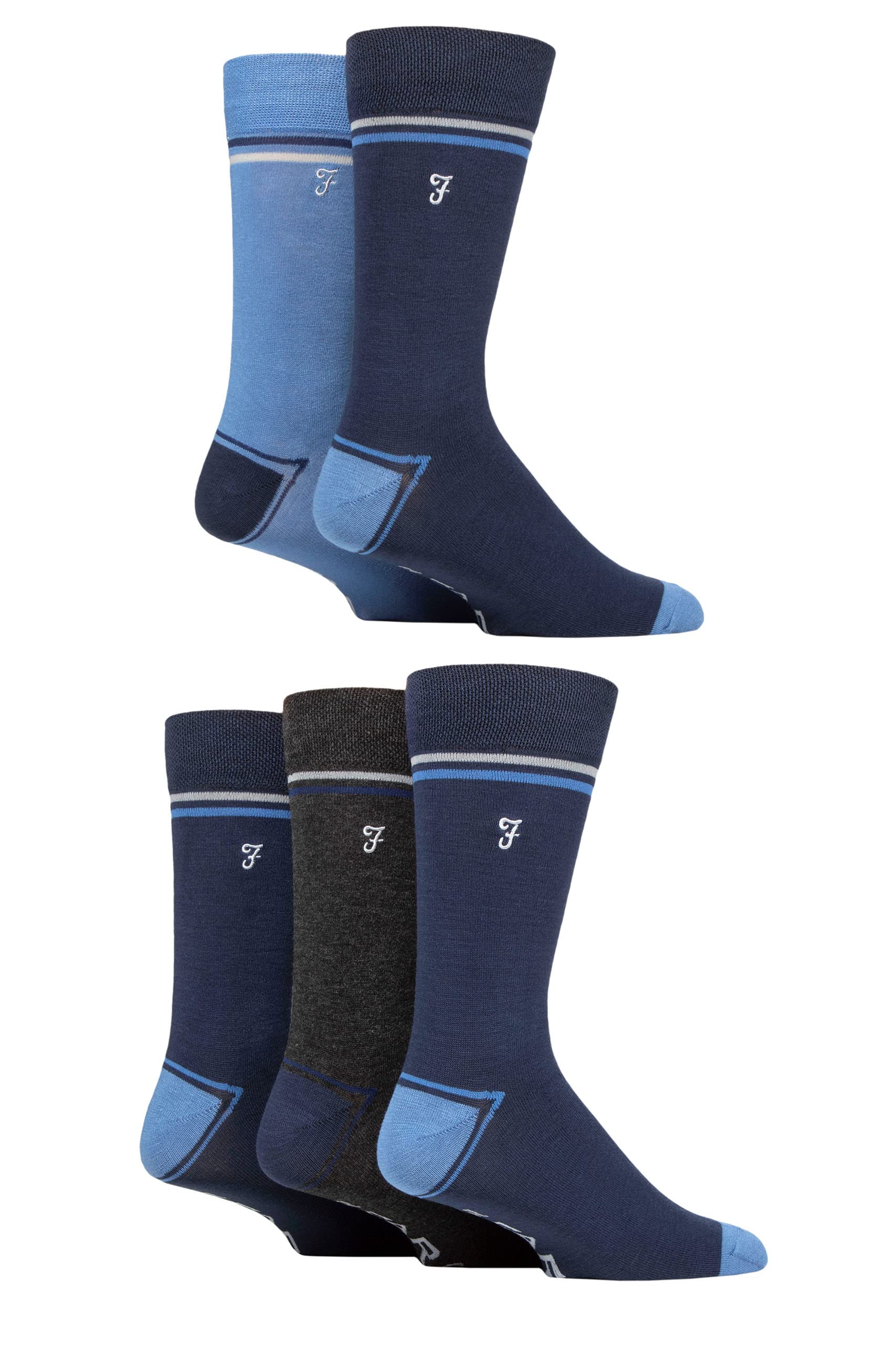 Farah Mens Bamboo Socks Plain and Patterned Striped Argyle Spotty Designs, Bright Colourful, Gift for Him, 5 Pairs - Contrast Heel & Toe Navy/Blue 6-11