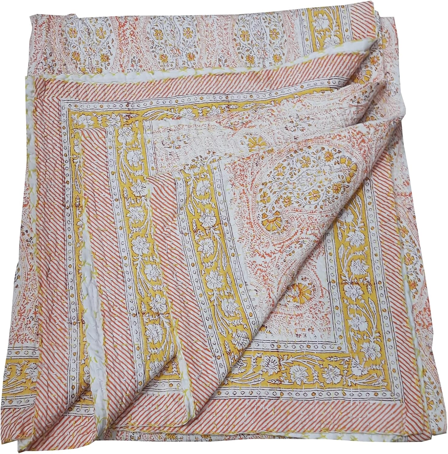 New Indian Hand Made Kantha Quilt Cotton Soft fine Cotton Hand Block Printed Kantha Quilt Cotton Blanket Bed Cover Bedspread Hand Made Kantha Quilt (King/Queen Size 90x108 Inch)