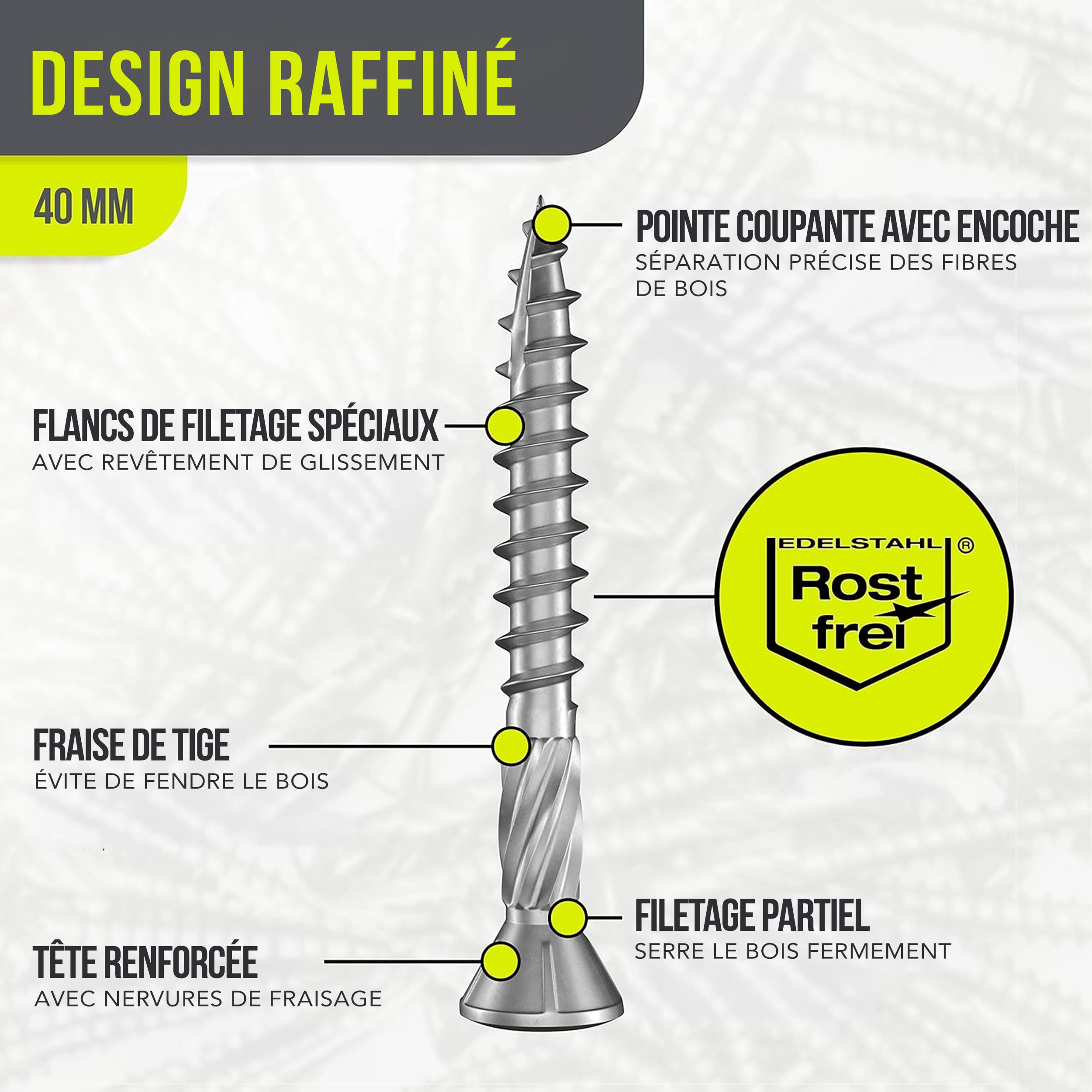 Haut de gamme Vis pour terrasse en acier inoxydable avec embout | A2-5,0 x 40 mm 200 pièces TX25 | Dentelle coupée | Vis à bois, inox, torx Nervures de fraisage |