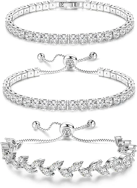 YADOCA Tennis Bracelets For Women - Silver Plated Bracelet Stack Cubic Zirconia CZ Diamond Adjustable Stackable Bracelets Set For Prom Wedding Jewelry Gift 3Pcs