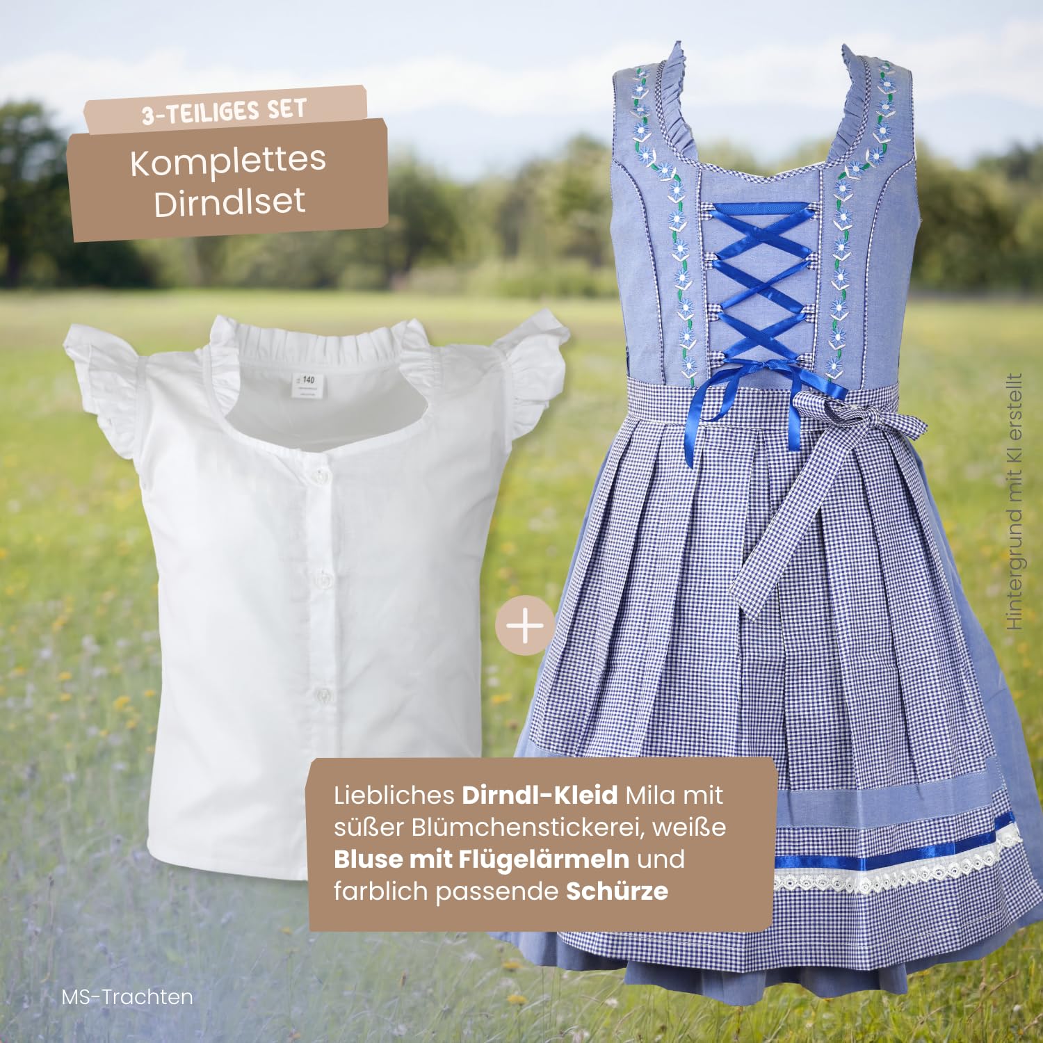 Kinderdirndl Mila – Kinder Dirndl blau rot mit Bluse 3 teilig – traditionelles Trachtenkleid für Mädchen