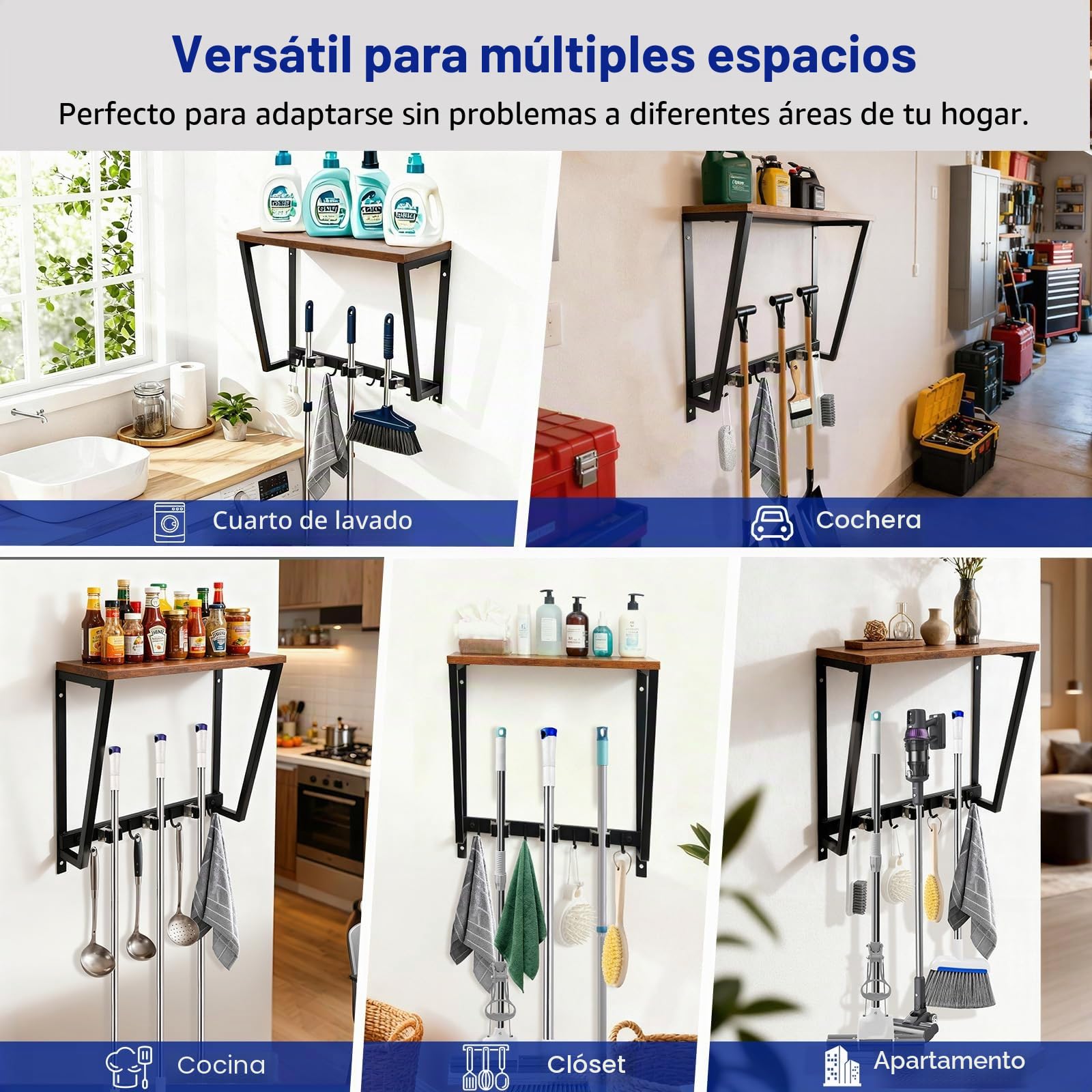 Colgador Escobas y Fregonas con Estantes de Pared con 3 Soporte, 4 Crochets, Organización y Almacenamiento para Cocina, Baño, Garaje y Jardín, Soporte Herramientas de Acero Inoxidable y Madera