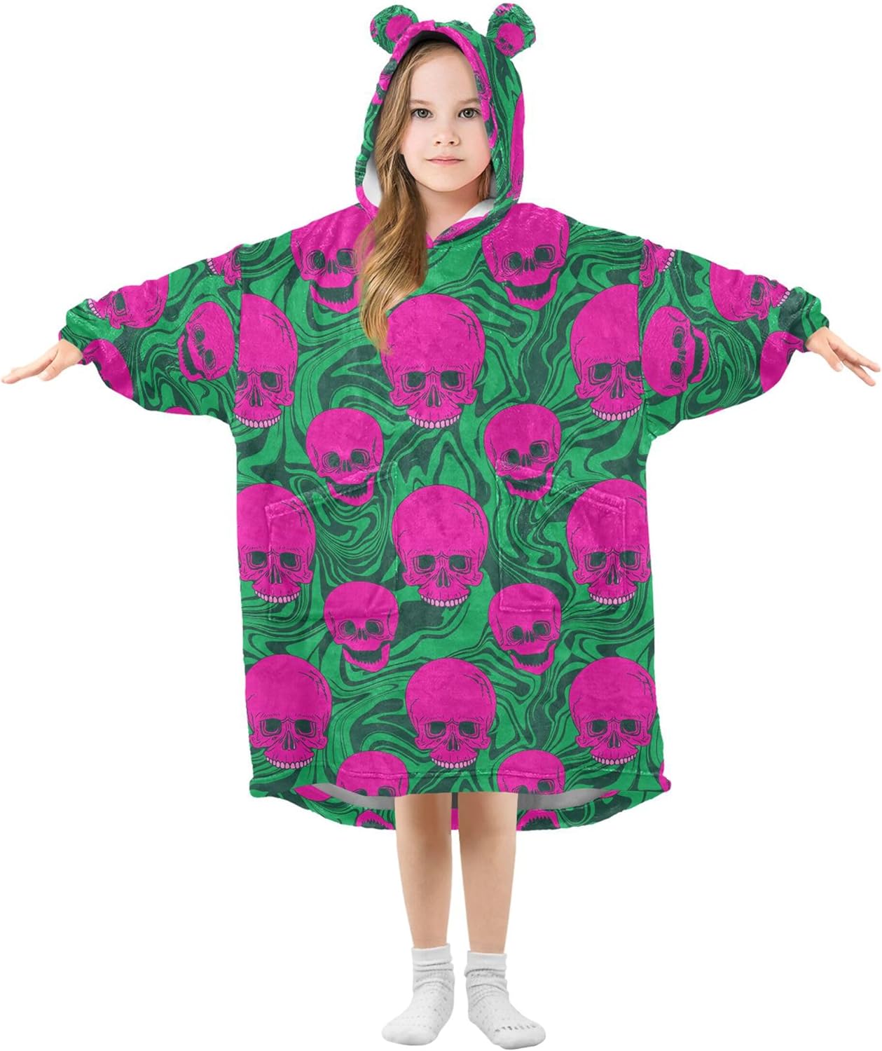 Skull Kids Wearable Blanket Hoodie with Pocket and Sleeves for Toddlers, Cute Hoodies 3-14 Year Girls Boys B0405390