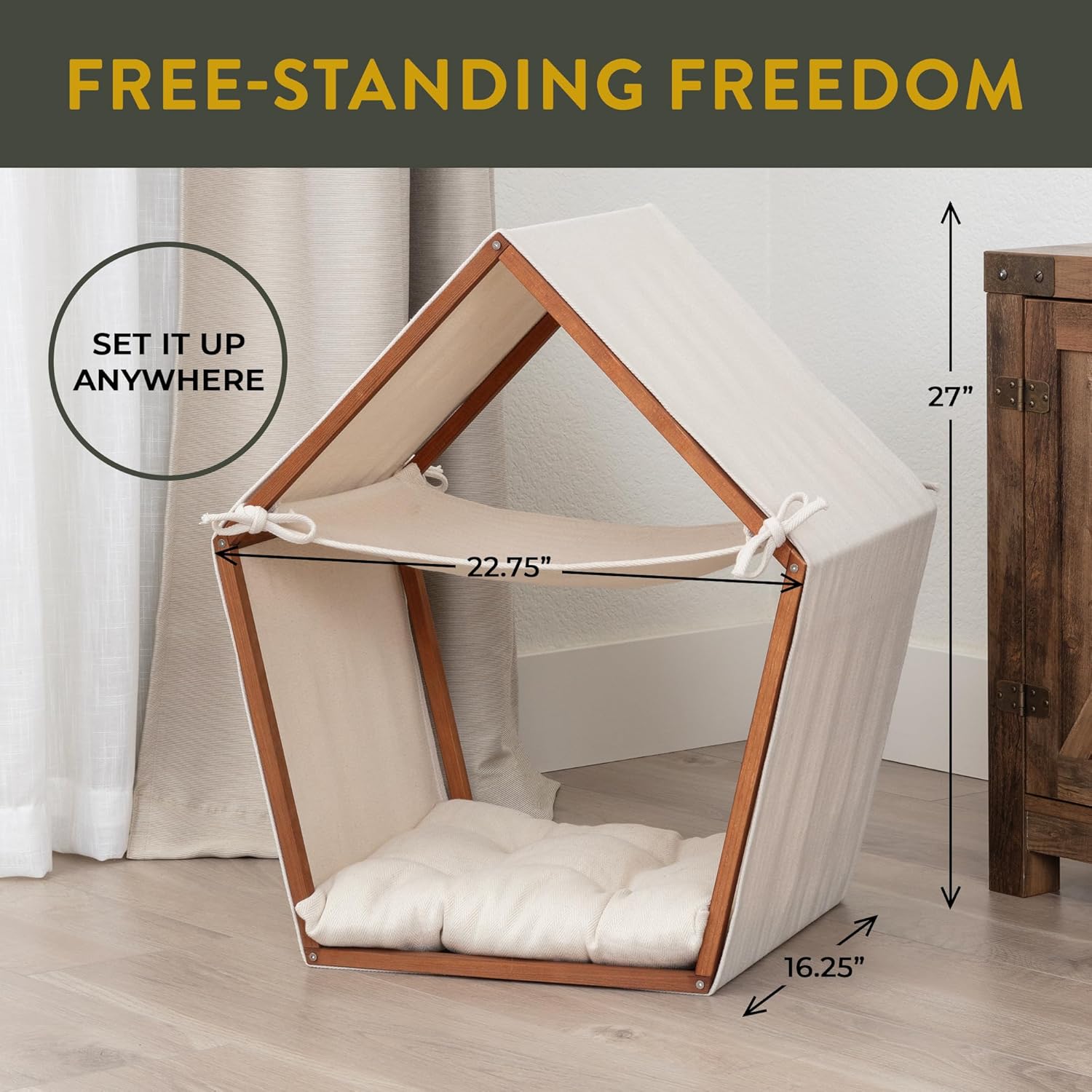 review Cat Houses for Indoor Cats - Free-Standing Cat Teepee House Has Modern Aesthetic, Boho Teak-Finish Pine Frame, Canvas Tent, Hammock, and Pillow Bed