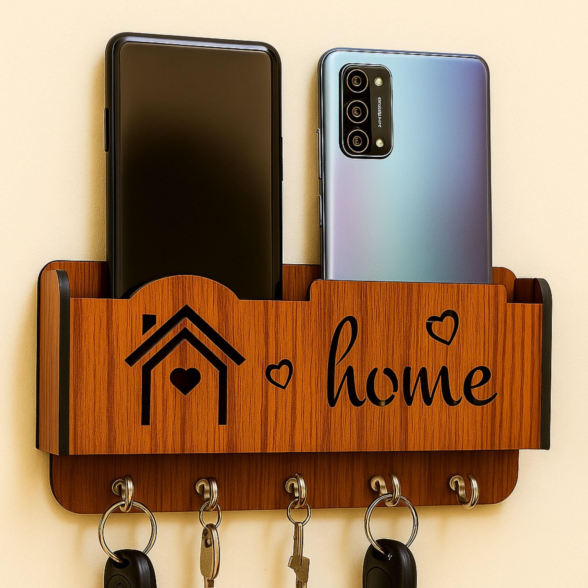 Wooden Wall Key Holder with Mobile Charging Shelf | Wall Mounted Key Hanger with Phone Stand | Home Décor Wooden Organizer for Home and Office(5 Hooks, Brown), Design: Home-image-39