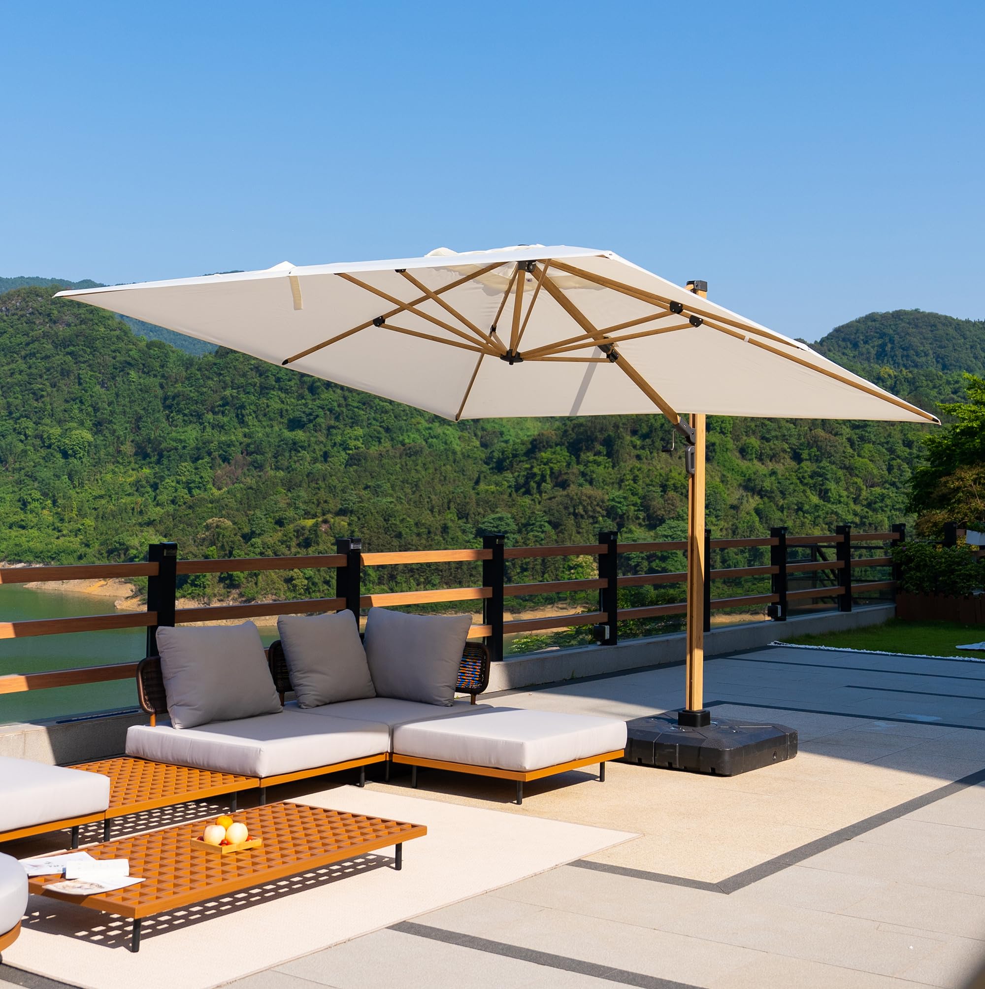 PURPLE LEAF Parasol Déporté 3 x 3 m Aluminium Effet Bois Crème Anti-Vent | Style champêtre, Parasol, UPF 50+, Tissu polyester 240 g/m², Résistant aux intempéries, 8 baleines renforcées, Terrasse