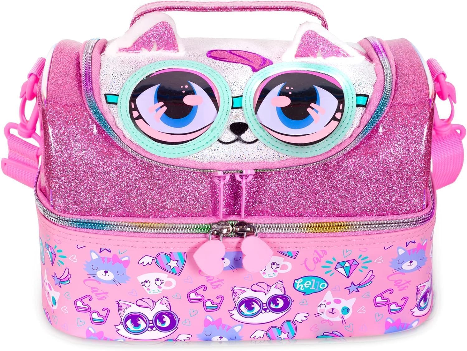 Kids Lunch Bag, Thermal Insulated Lunch Box for Girls Boys, Lunch Bag Toddler Teen, School Travel Bags, Water Bottle and Lunch Box Holder with Adjustable Strap (Pink Cat)