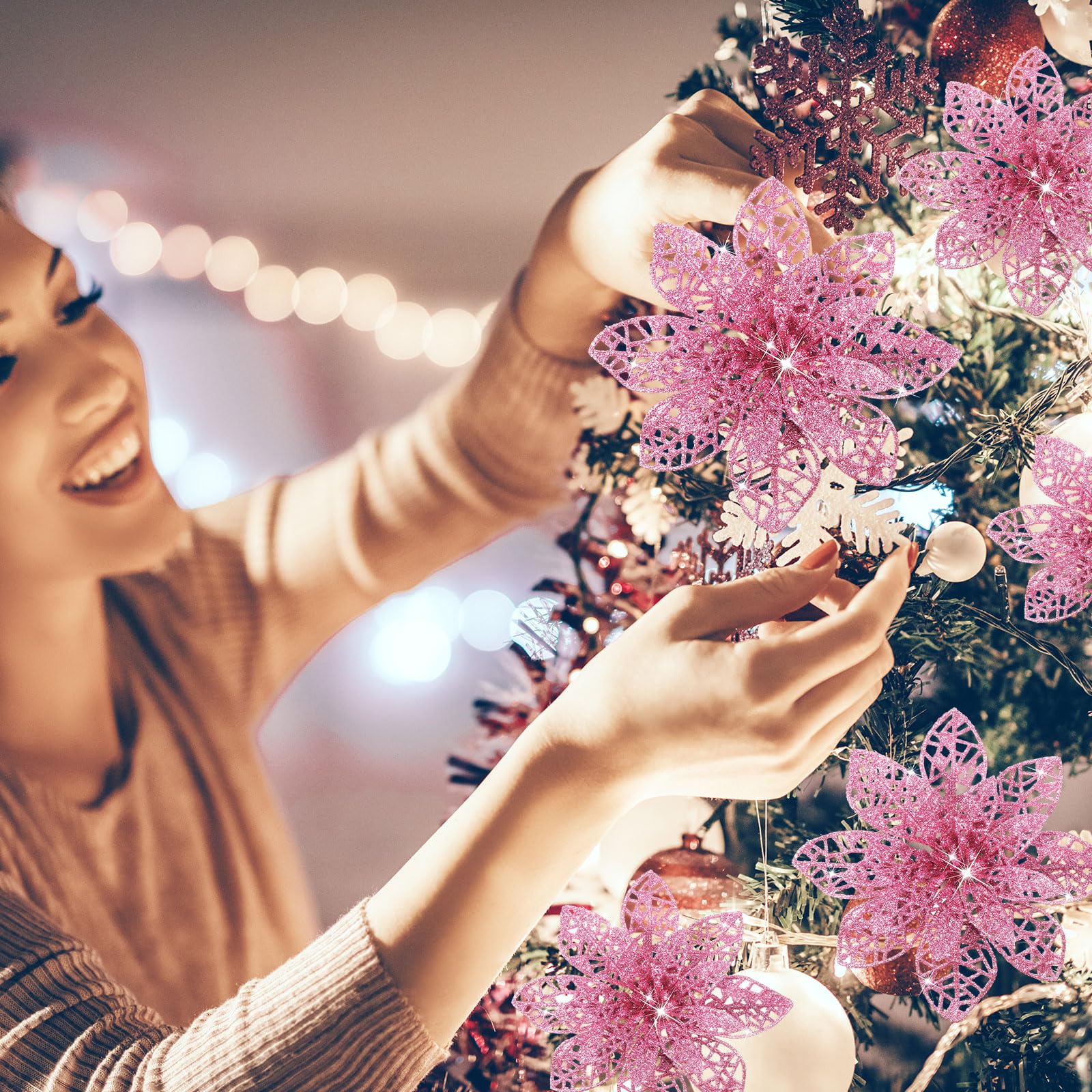 36 Pieces Christmas Glitter Poinsettia Flowers Wedding Glitter Flowers Christmas Tree New Year Ornaments (Pink) - Image 4