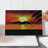 Lunarable Whale Cutting Board&comma; 2 Dolphins in the Ocean at Sunset with Palm Tree Leaves Romantic Waterscape View&comma; Decorative Tempered Glass Cutting and Serving Board&comma; Small Size&comma; Black Orange