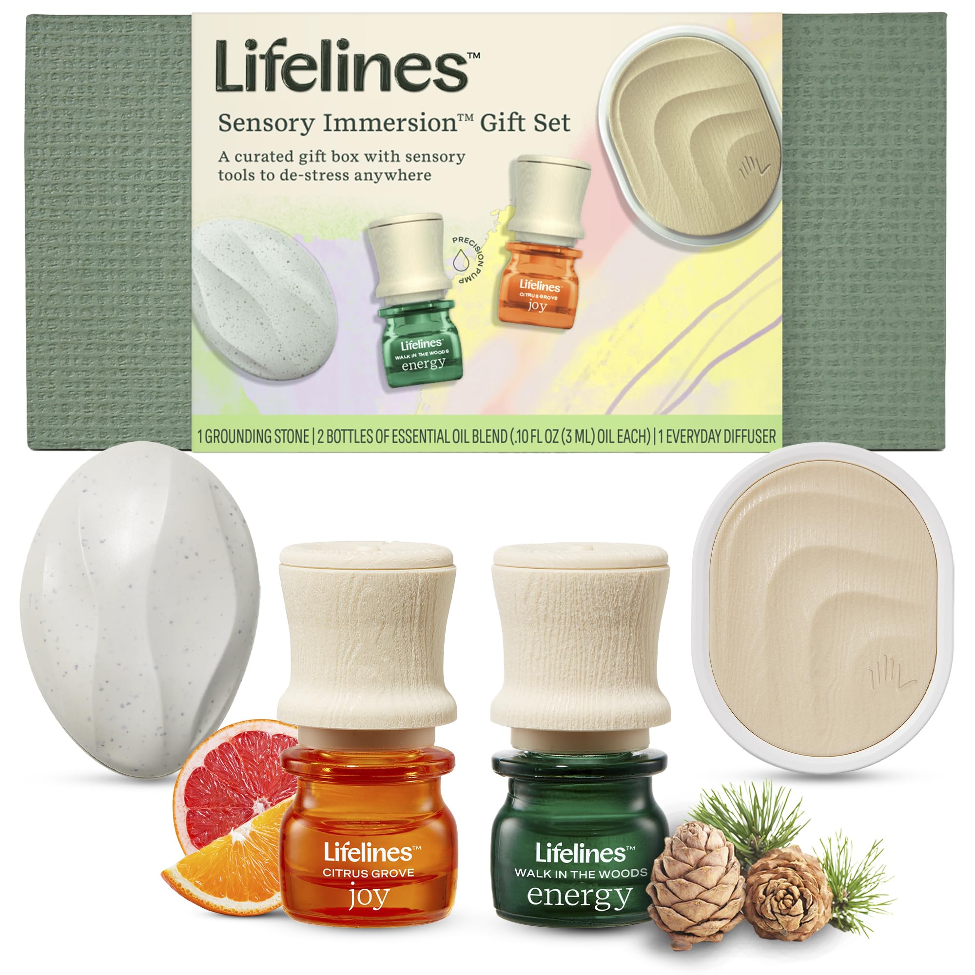 Sensory Immersion Gift Set - Includes Everyday Aromatherapy Diffuser, Fidget Grounding Stone & 2 Essential Oil Blends - Unique Sensory Gifts for Women & Men