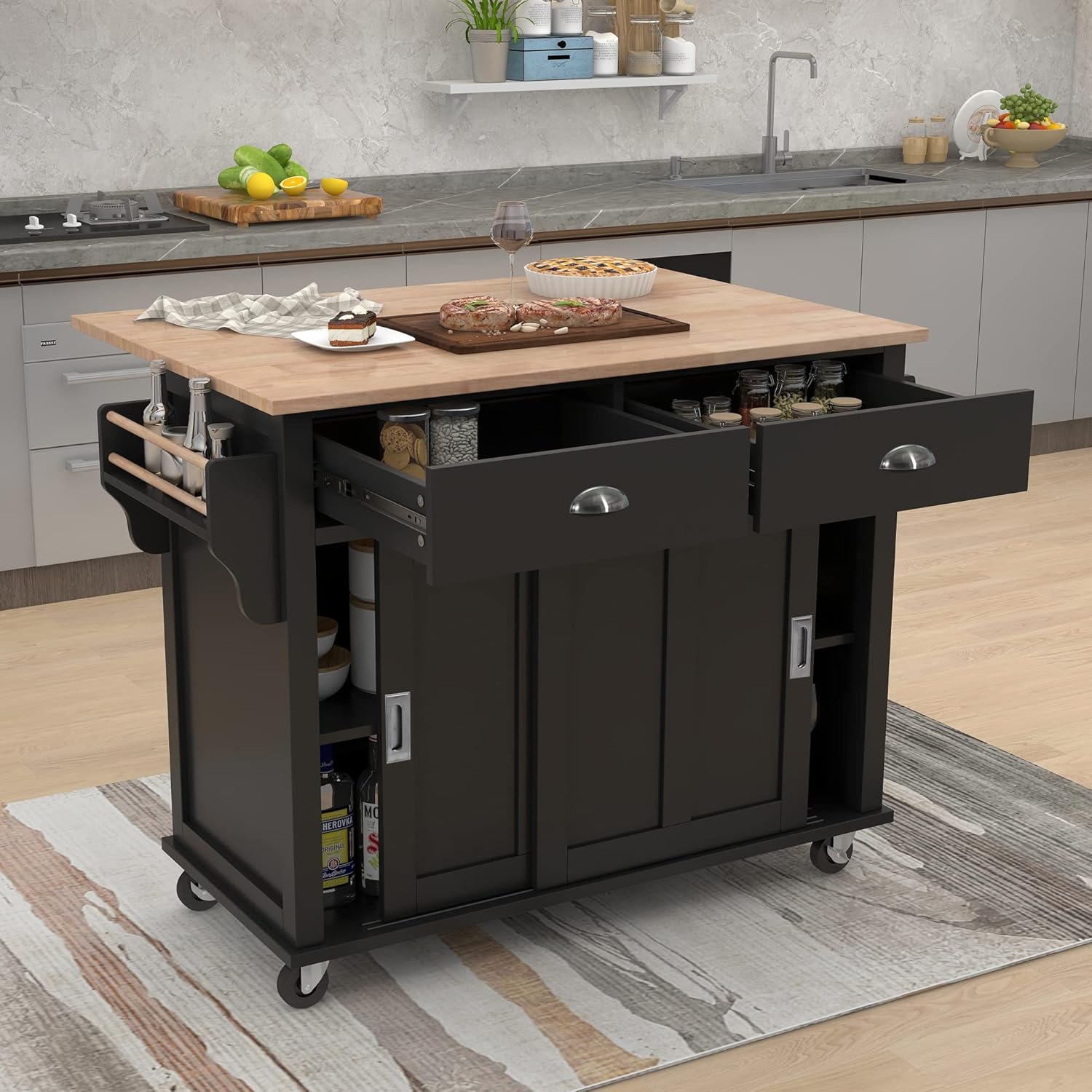Rolling Kitchen Island Cart with Rubber Wood Drop-Leaf Countertop, Concealed Sliding Barn Door Adjustable Height, Kitchen Island on 4 Wheels with Storage Cabinet and 2 Drawers, Black